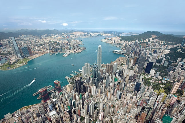 Aerial view of Hong Kong harbor 