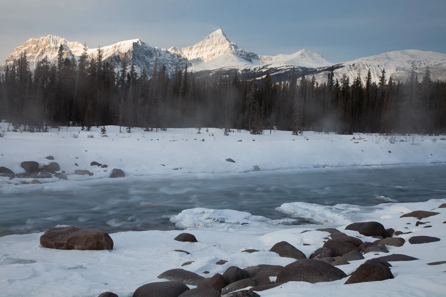 Morning on the Athabasca River in Jasper National Park, Canada. Image ©Connor Stefanison