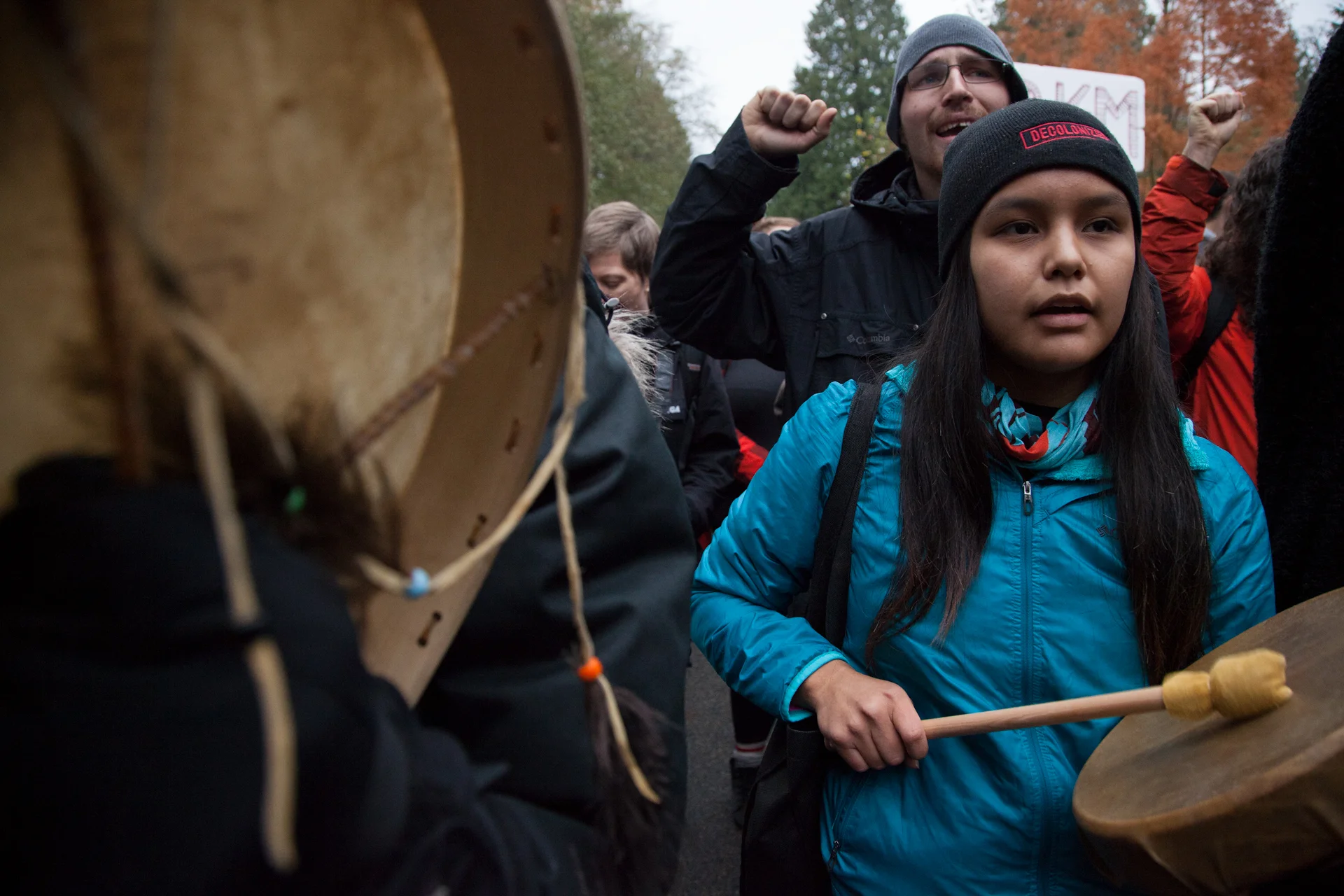 A young First Nations girl protests against Kinder Morgan. 