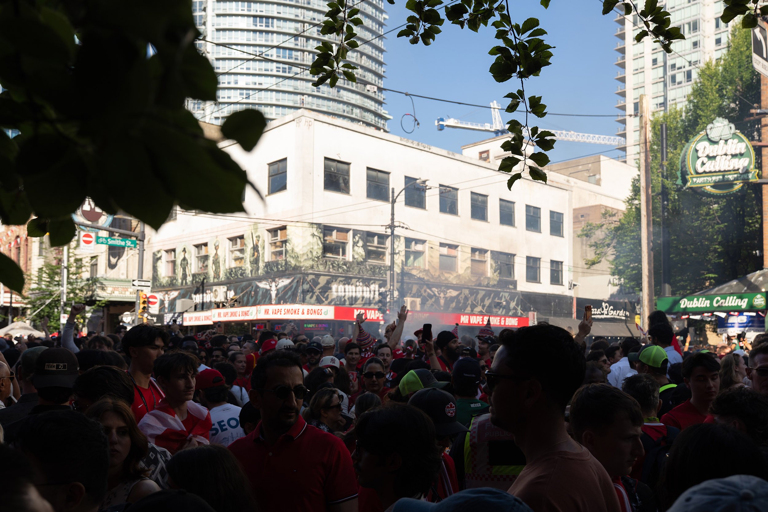 World cup crowds at Granville Street after Canada wins a game. Sample image from a Sony FE 20-70mm f/4 G and Sony A7 V.