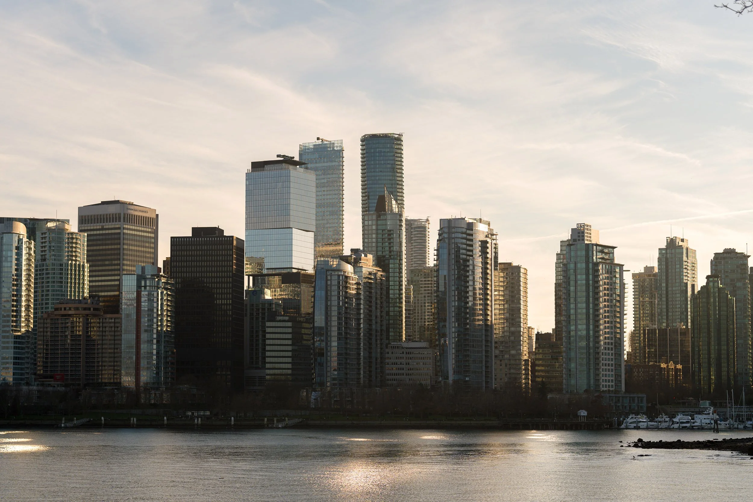 Vancouver skyline at Coal Harbour, Vancouver. Sample image from a Sony A7V and Sony FE 85mm f/1.4 GM II.