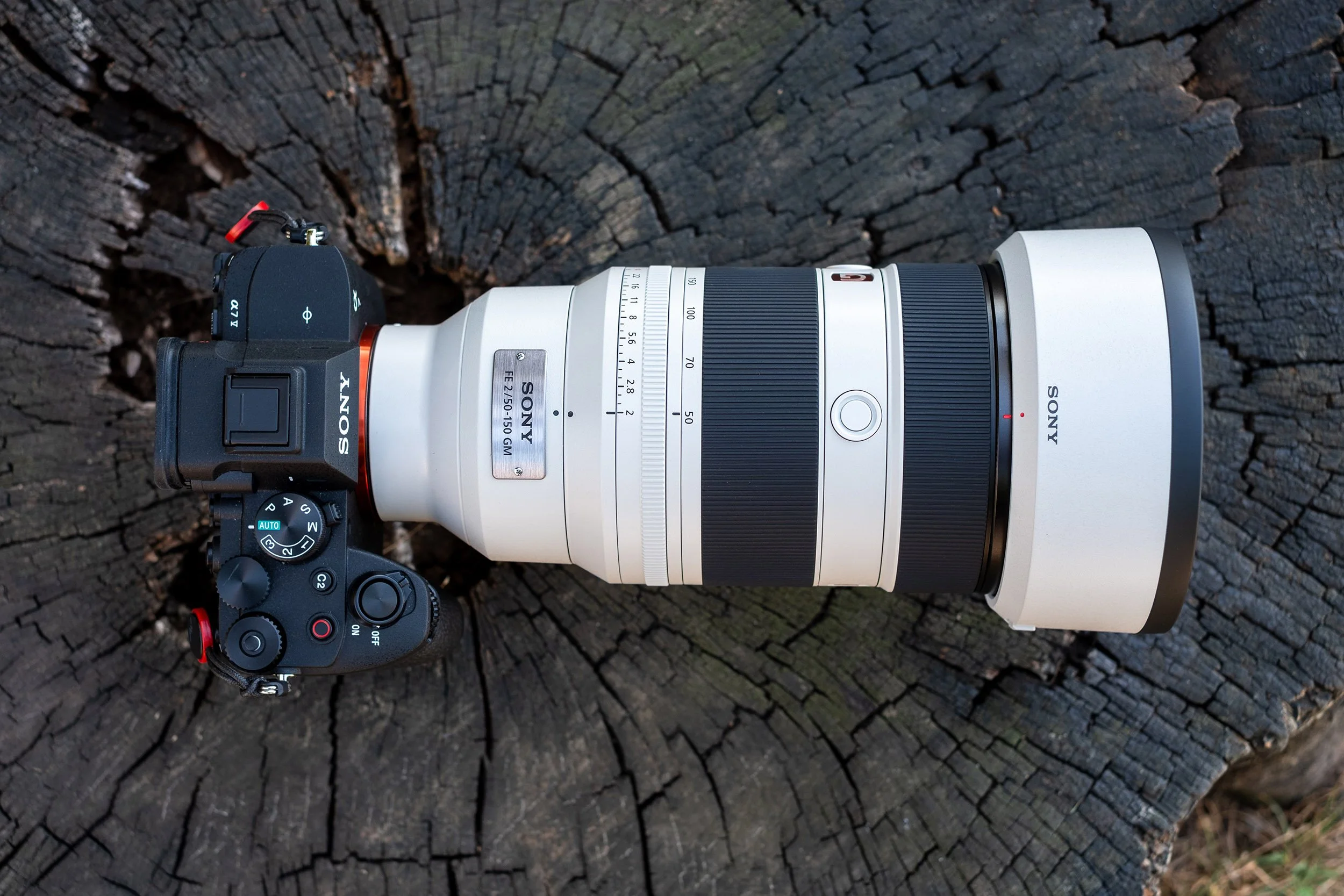 The Sony FE 50-150mm f/2 GM mounted on a Sony A7 V
