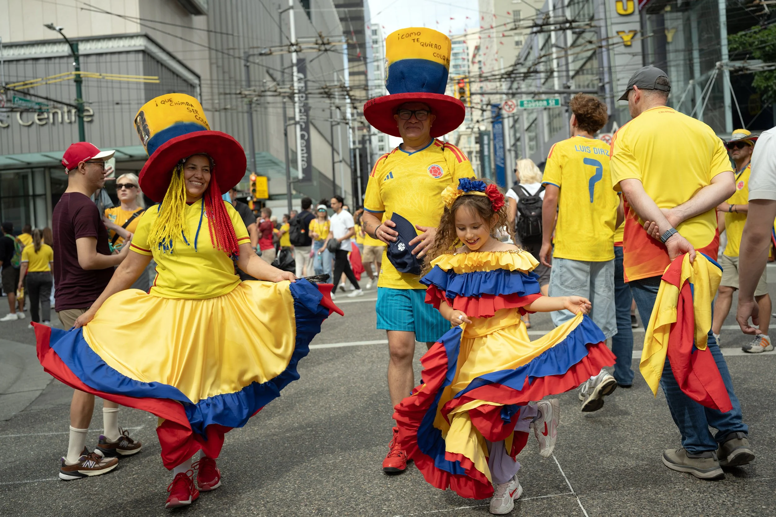 Columbia fans dancing in the street during World Cup 2026, Granville Street, Vancouver