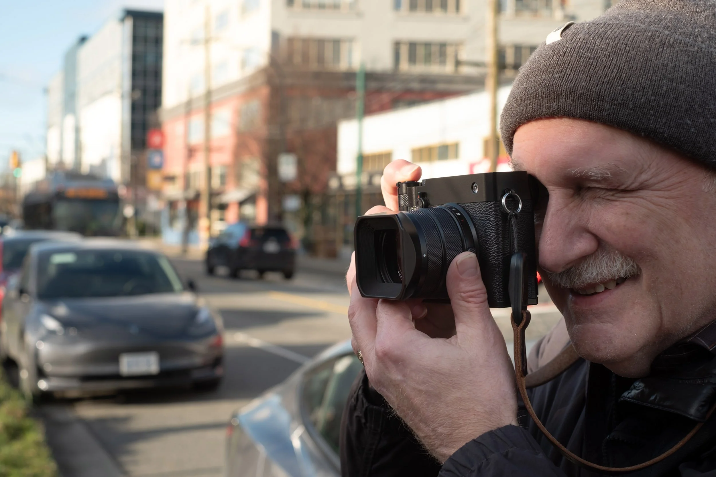 Chris Thomson trying out a Fujifilm GFX100RF