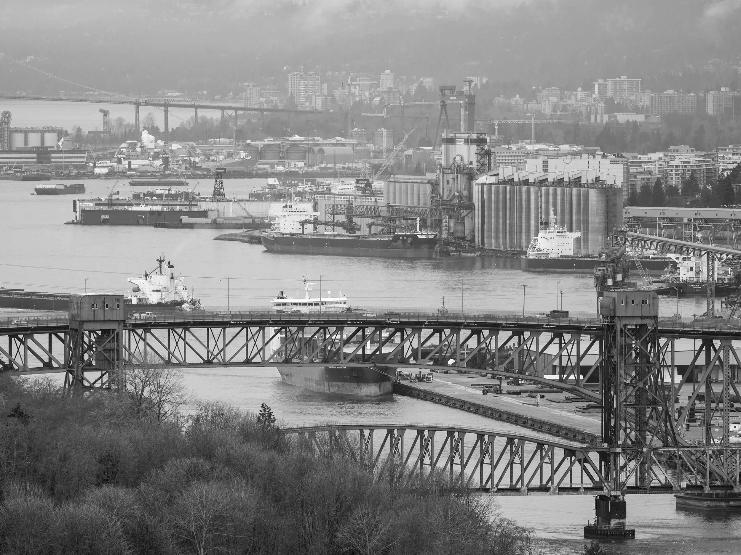 Second Narrow Bridge, Burrard Inlet, and North Vancouver. Sample image from a Fujifilm GF 500mm f/5.6 R LM OIS WR and Fujifilm GFX 100S II.