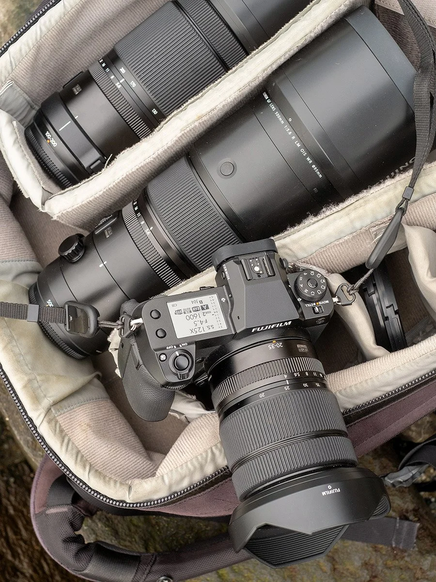 Fujifilm GFX 100S II, GF 20-35mm, GF 500mm, and GF 100-200mm.