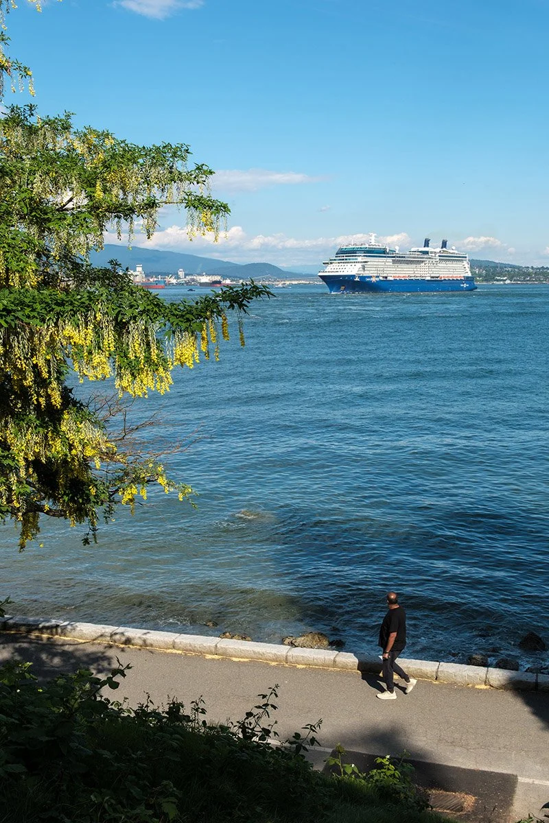 A man spots a cruise ship departing from Vancouver. Sample image from a Fujifilm X-T50 and XF 16-50mm f/2.8 R LM WR.