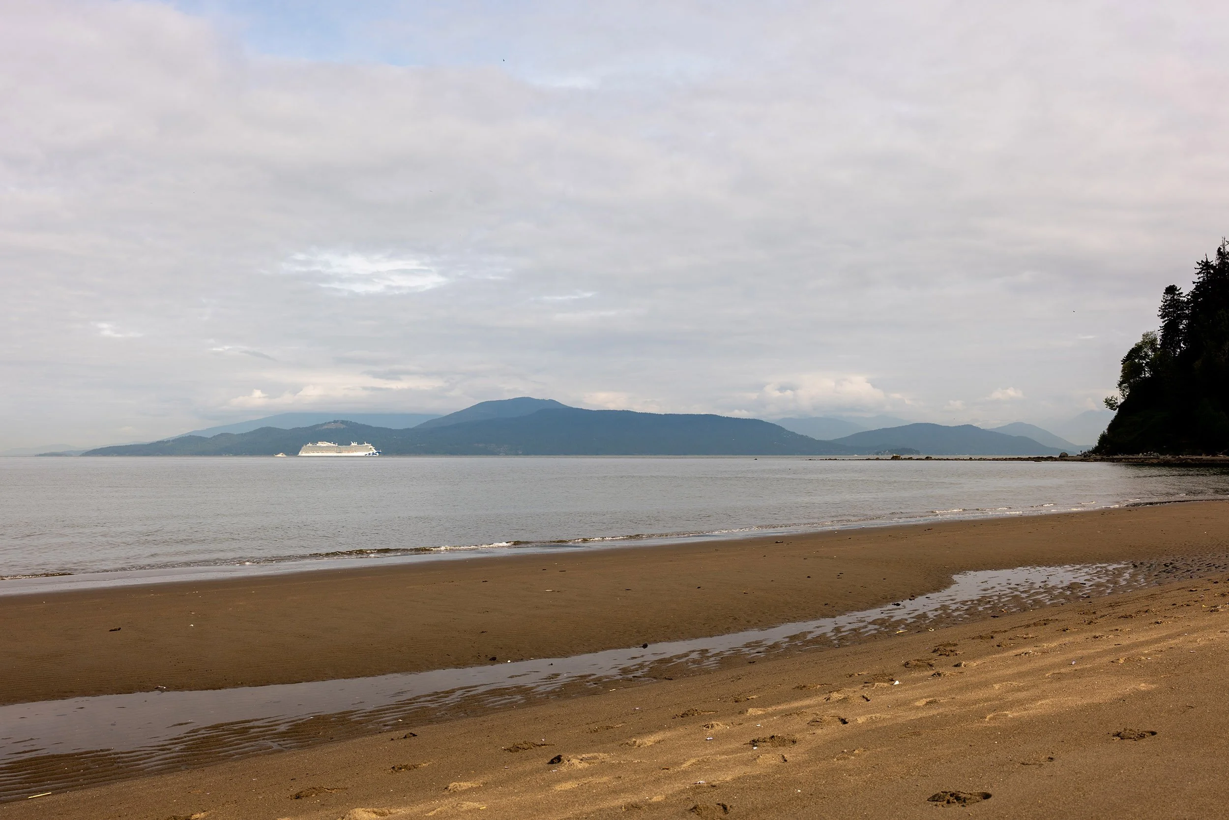 A cruise ship passes by Wreck Beach in Vancouver. Sample image from a Sigma 35mm f/1.4 DG II Art and Leica SL2-S.