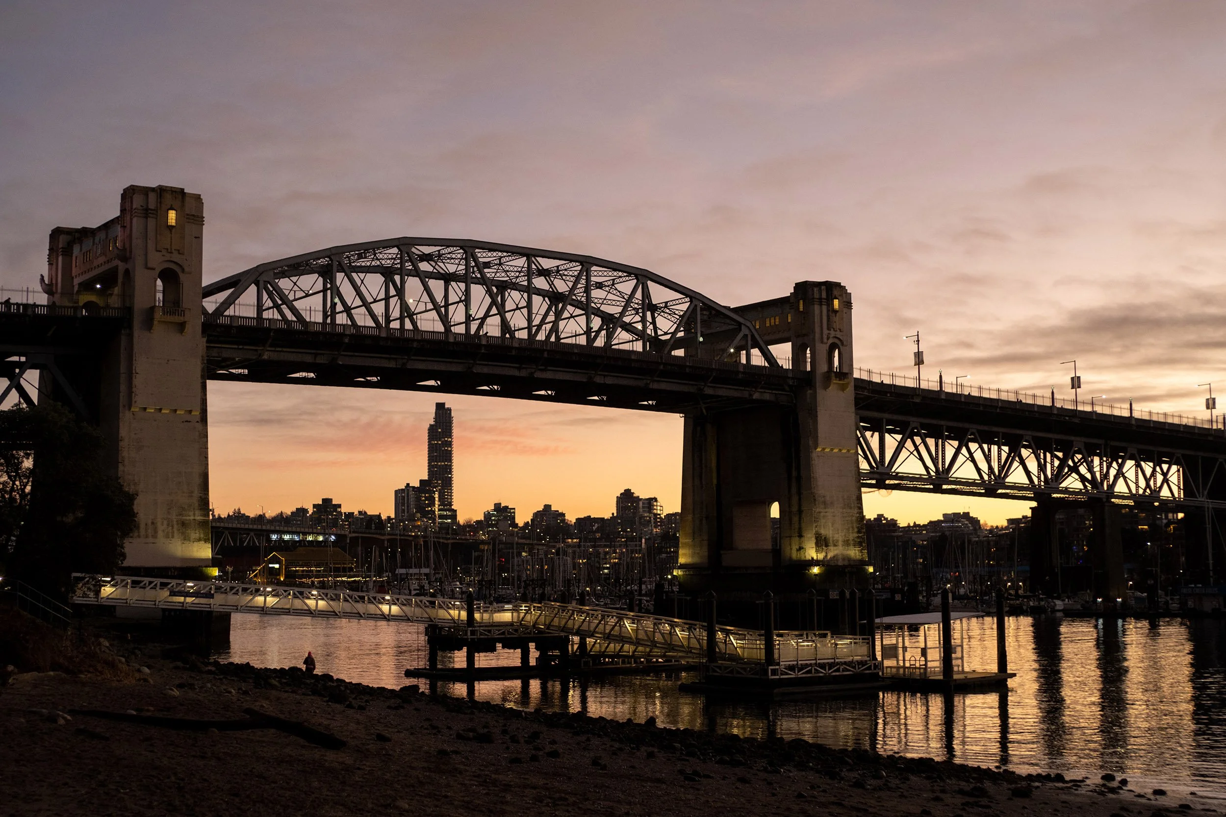 Sunset at Burrard Bridge, January in Vancouver.