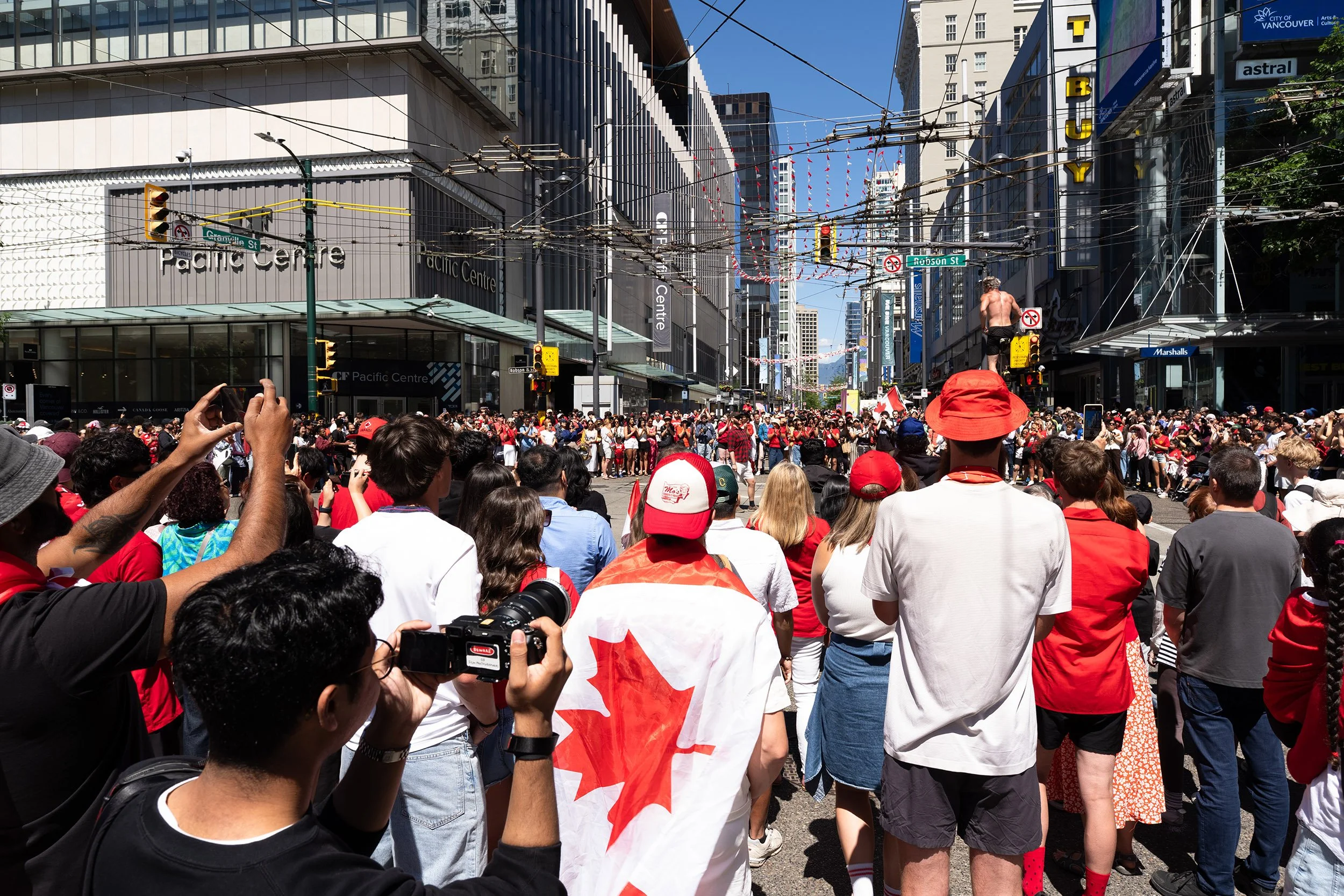 Canadian fans celebrate during the 2026 World Cup along Granville Street, Vancouver. Sample image from a Sony FE 20-70mm f/4 G and Sony A7 V.