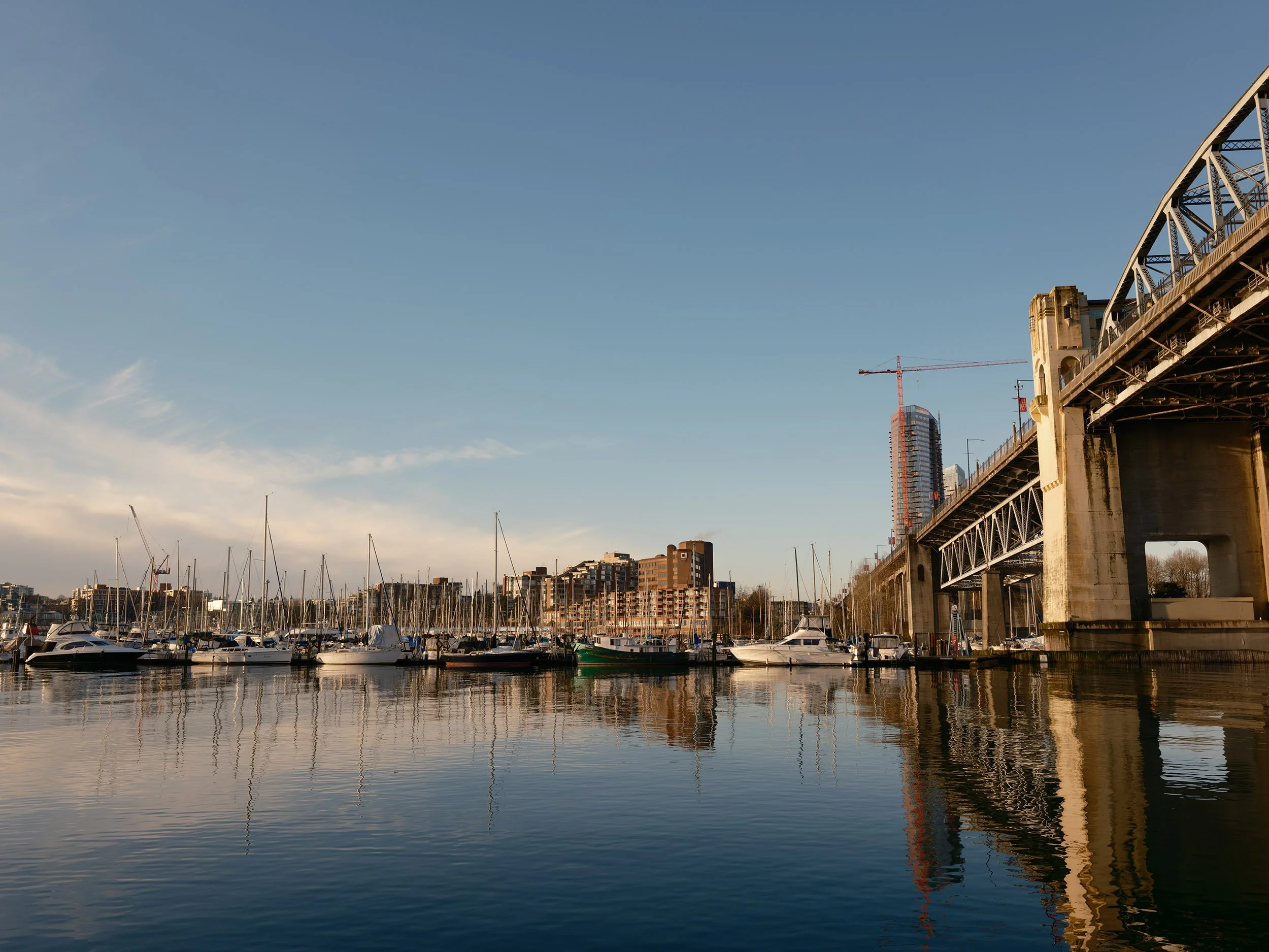 False Creek and Burrard Bridge on a sunny December day. Sample image from a Fujifilm GFX100RF.