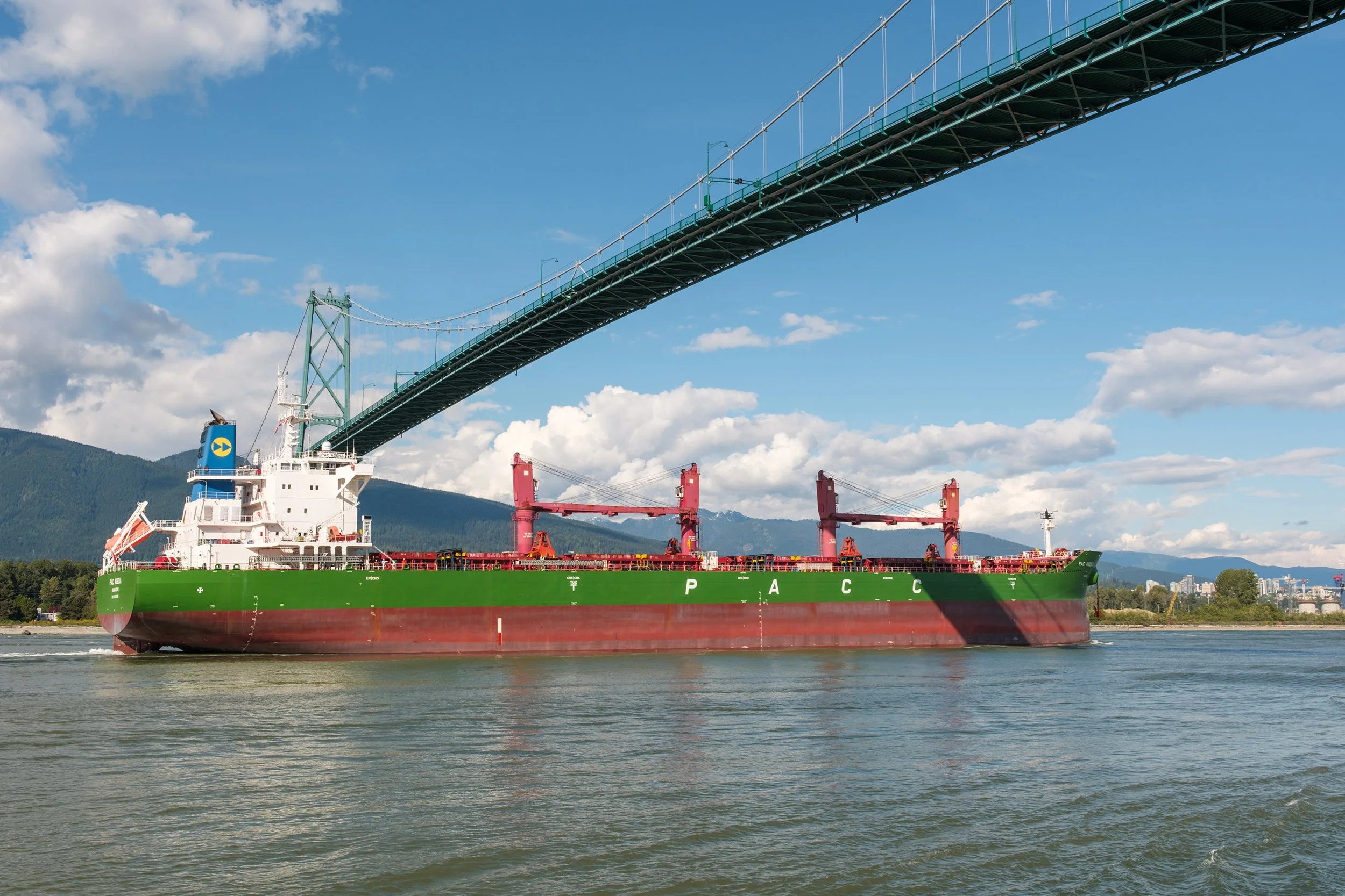 A cargo ship arrives to the port of Vancouver, BC, Canada. Sample image from a Fujifilm XF 16-50mm f/2.8-4.8 R LM WR and Fujifilm X-T50.