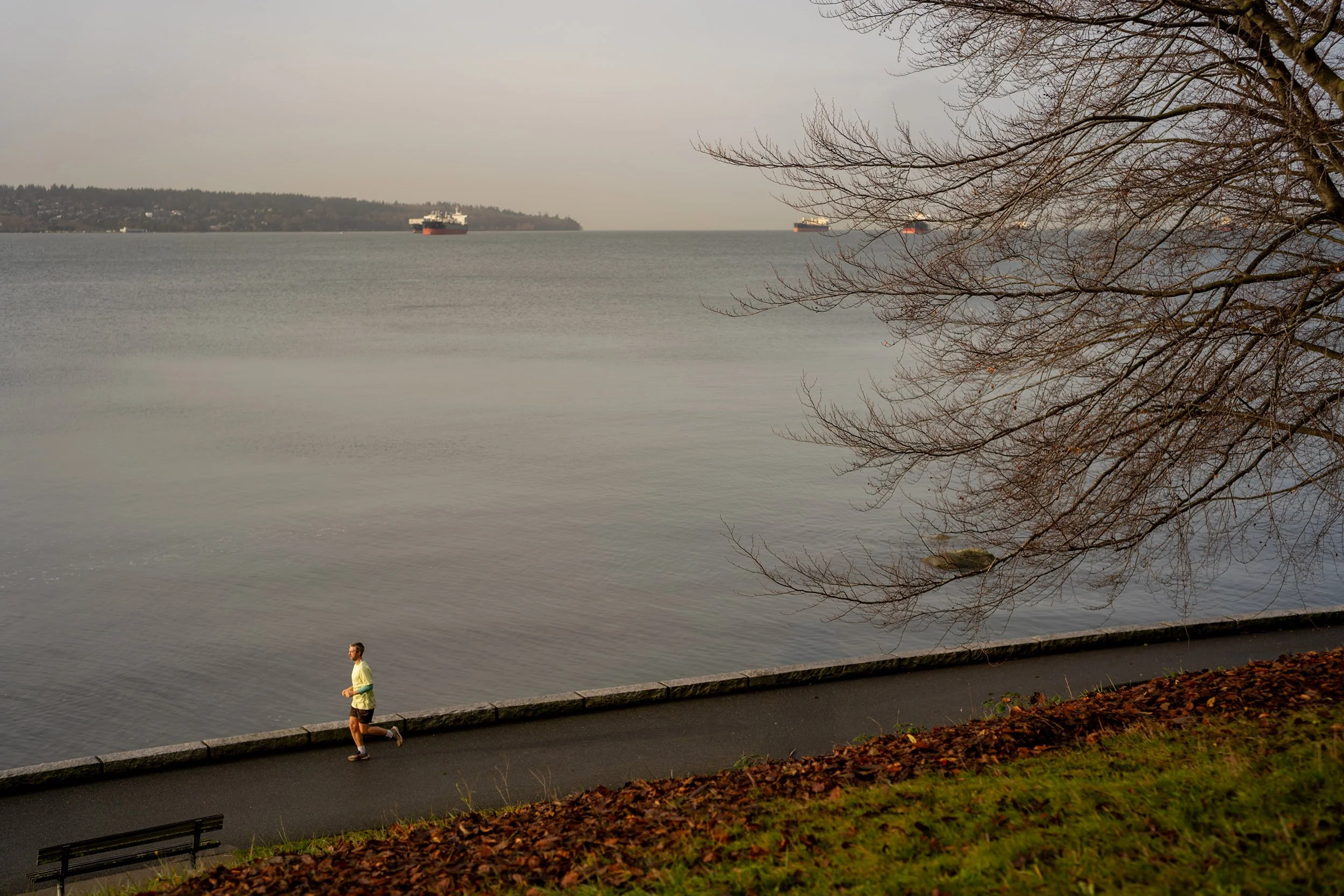 Record temperatures in Vancouver on December 15, 2025. A runner in shorts and tank top along the Stanley Park Seawall.