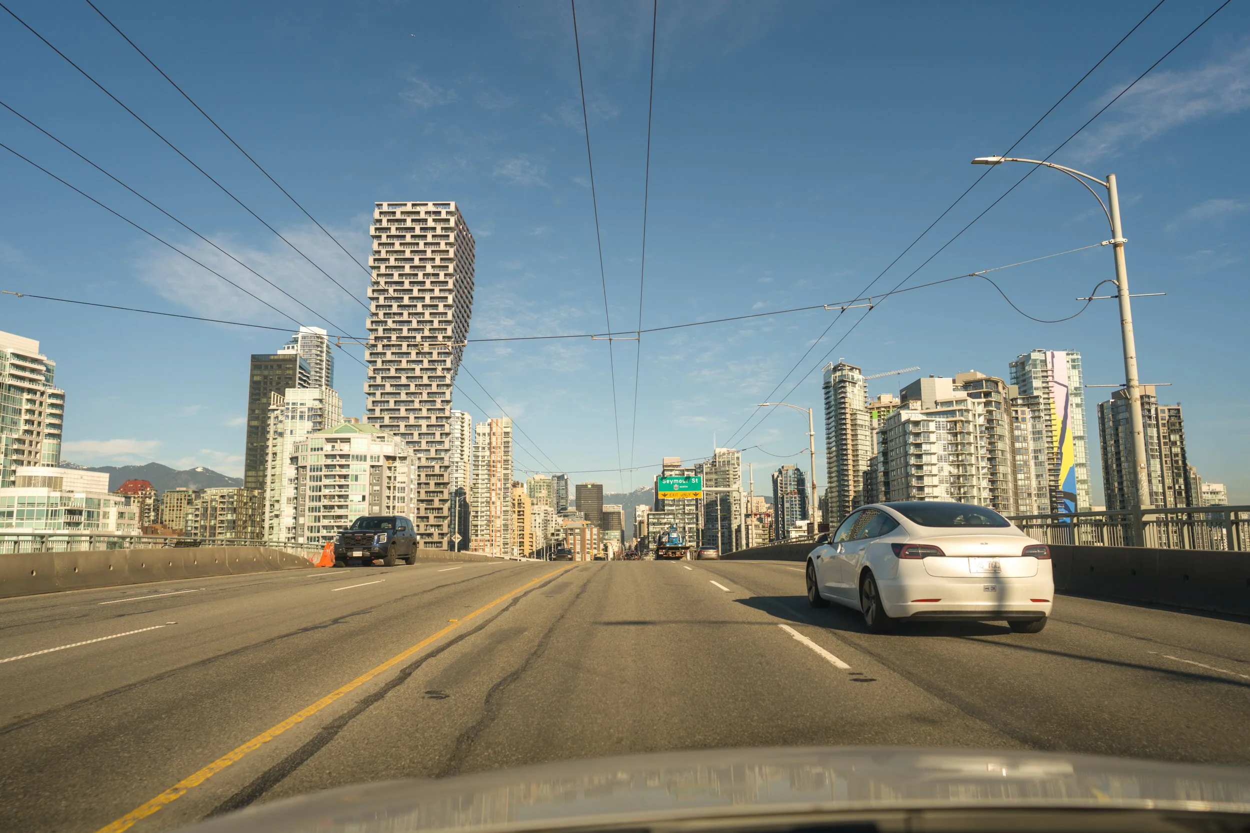 Crossing Granville Bridge in Vancouver. Sample image from a Sony FE 24mm f/1.4 GM and Sony A7 V.