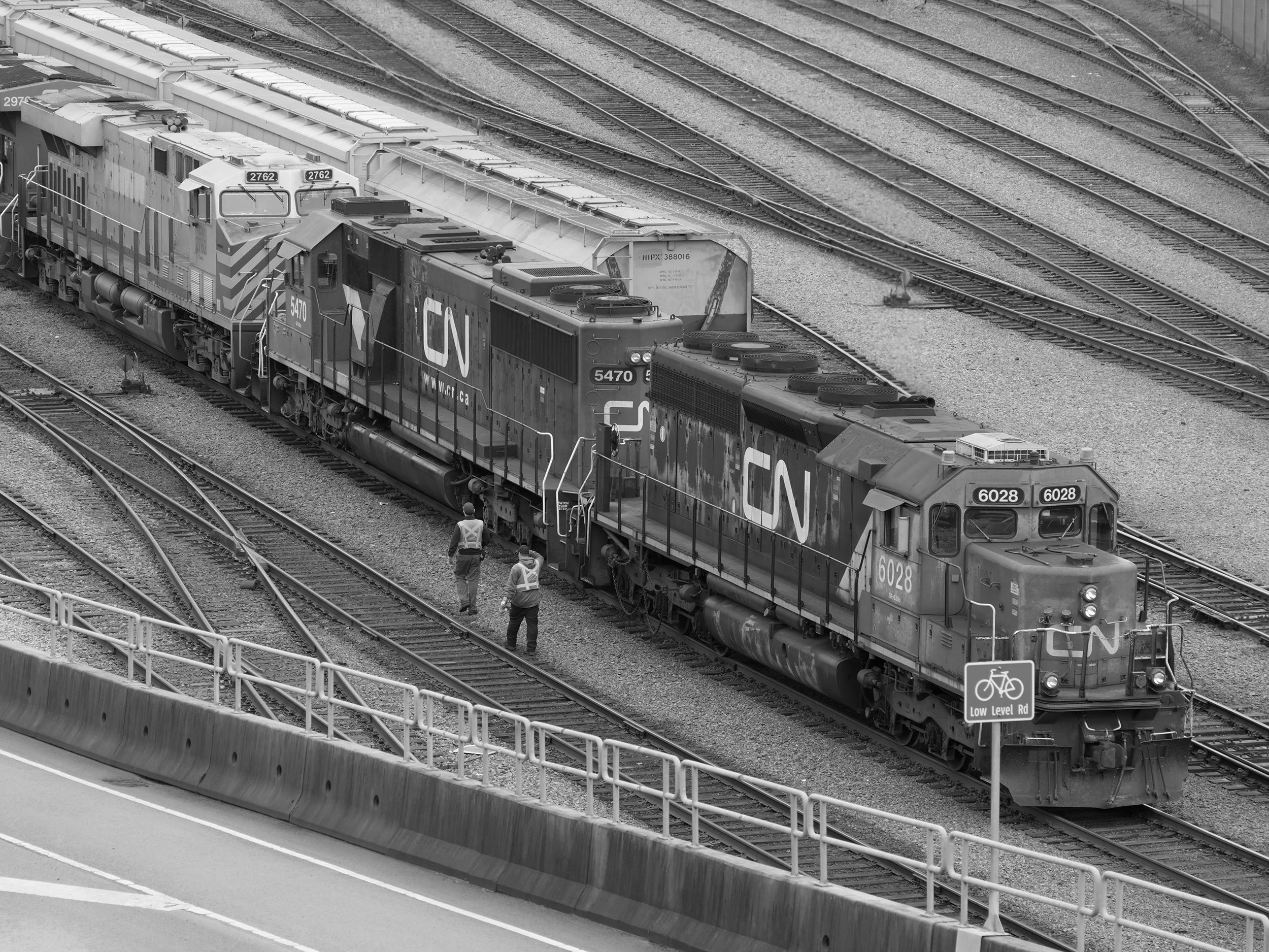 CN train engines in North Vancouver. Sample image from a Fujifilm GFX 100S II and Fujifilm GF 100-200mm f/5.6 R LM OIS WR.
