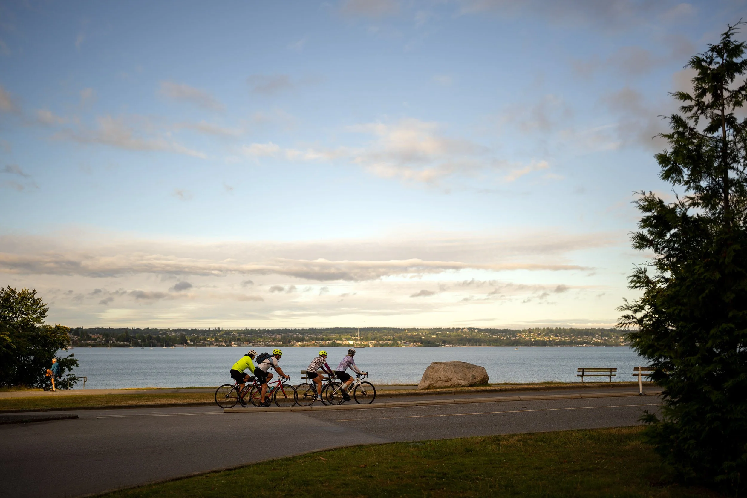 A cycling group coast along English Bay in Vancouver, July 4th 2026