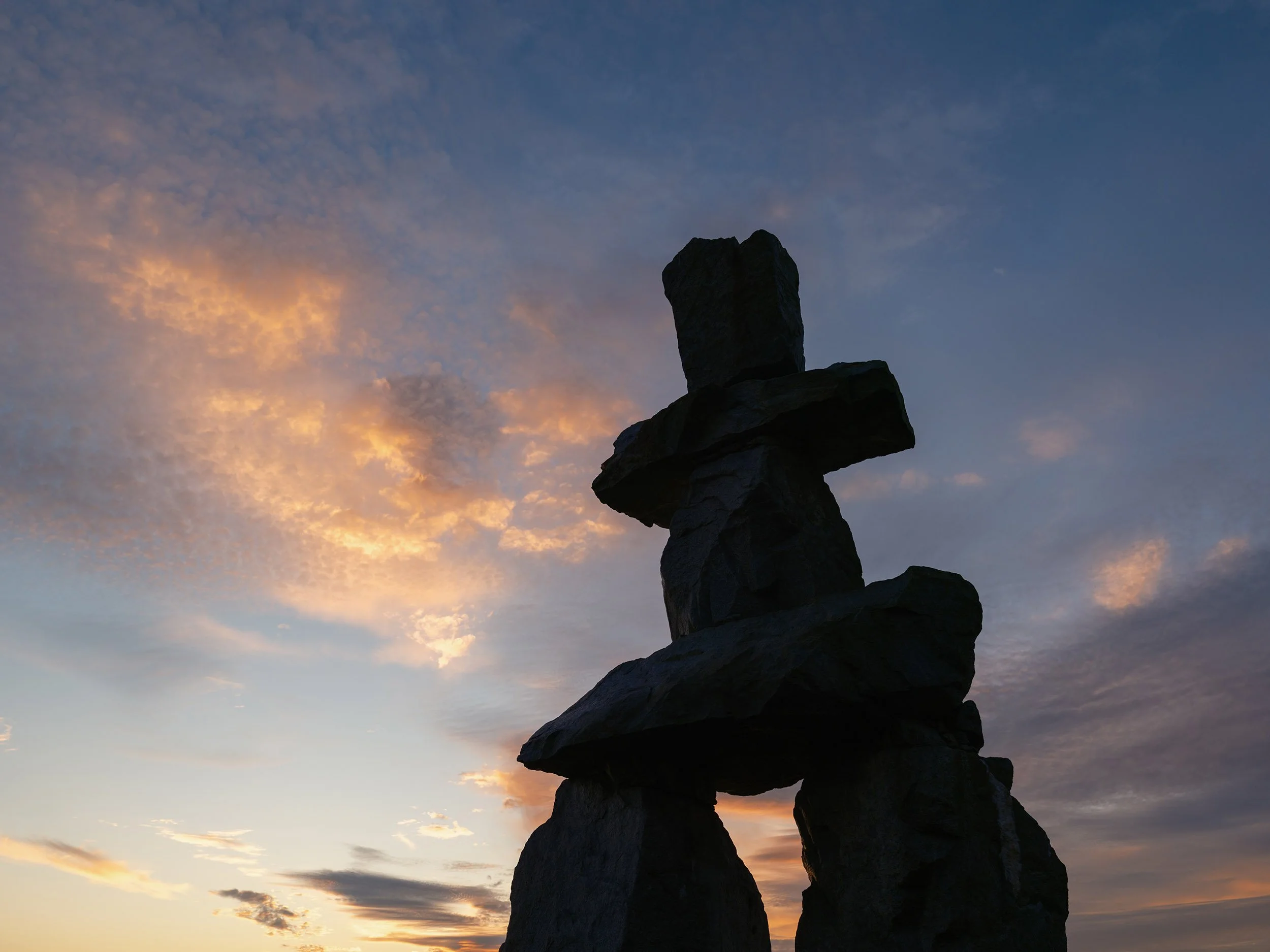 The inukshuk at English Bay in Vancouver. Sample image from a Fujifilm GFX 100RF.