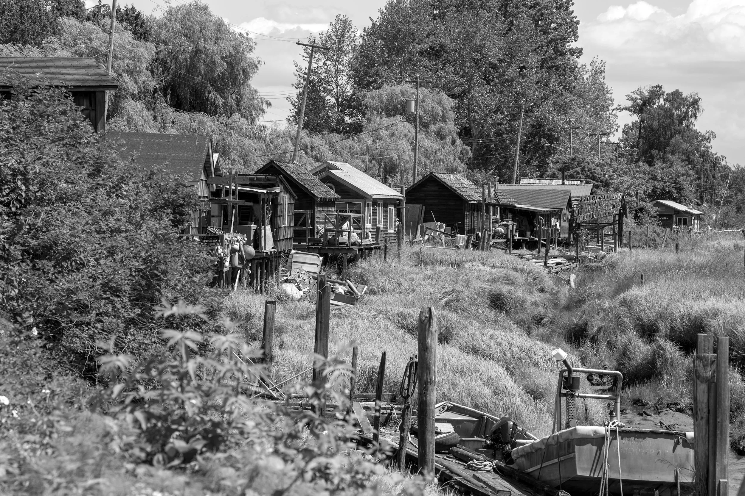 Cabins at Finn Slough, BC, Canada. Sample image from a Sony FE 50-150mm f/2 GM and Sony A7 V.