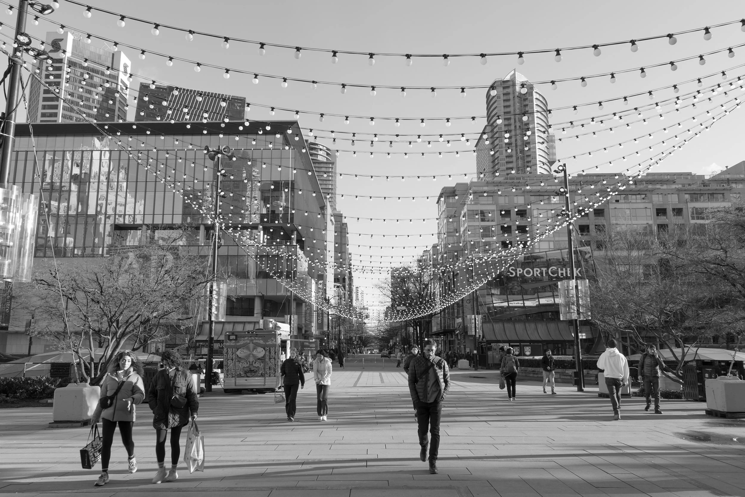 Lights strung over Robson Square. Sample image from a Sigma 17-40mm f/1.8 DC Art and Fujifilm X-E5.