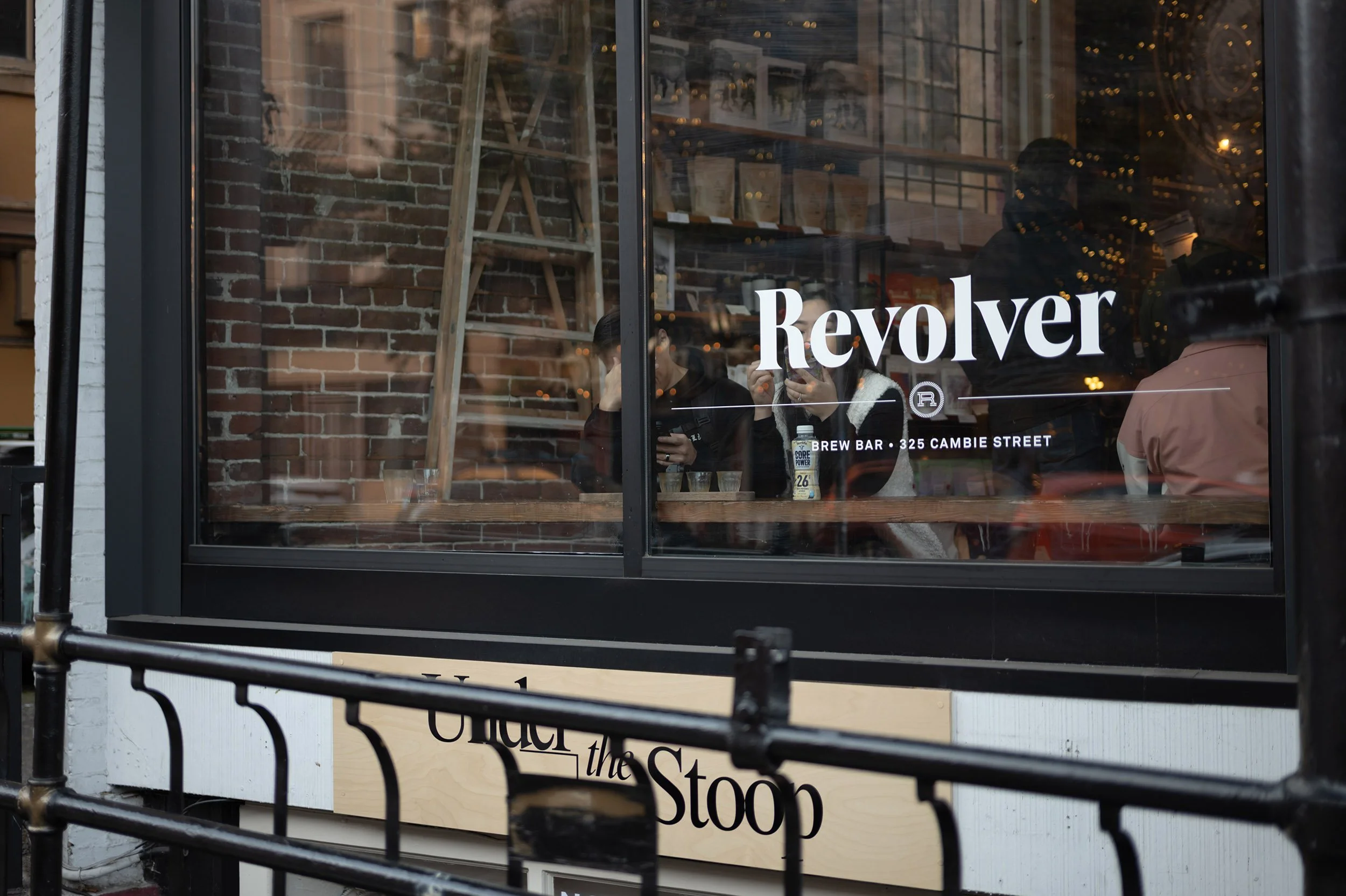 Front window of Revolver Coffee in Vancouver. Sample image from a Leica SL3-P