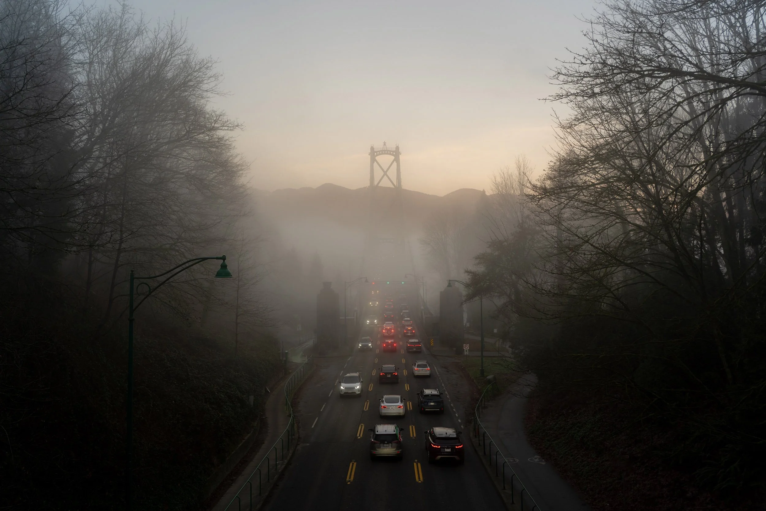 Fog at Lions Gate Bridge on January 18, 2026