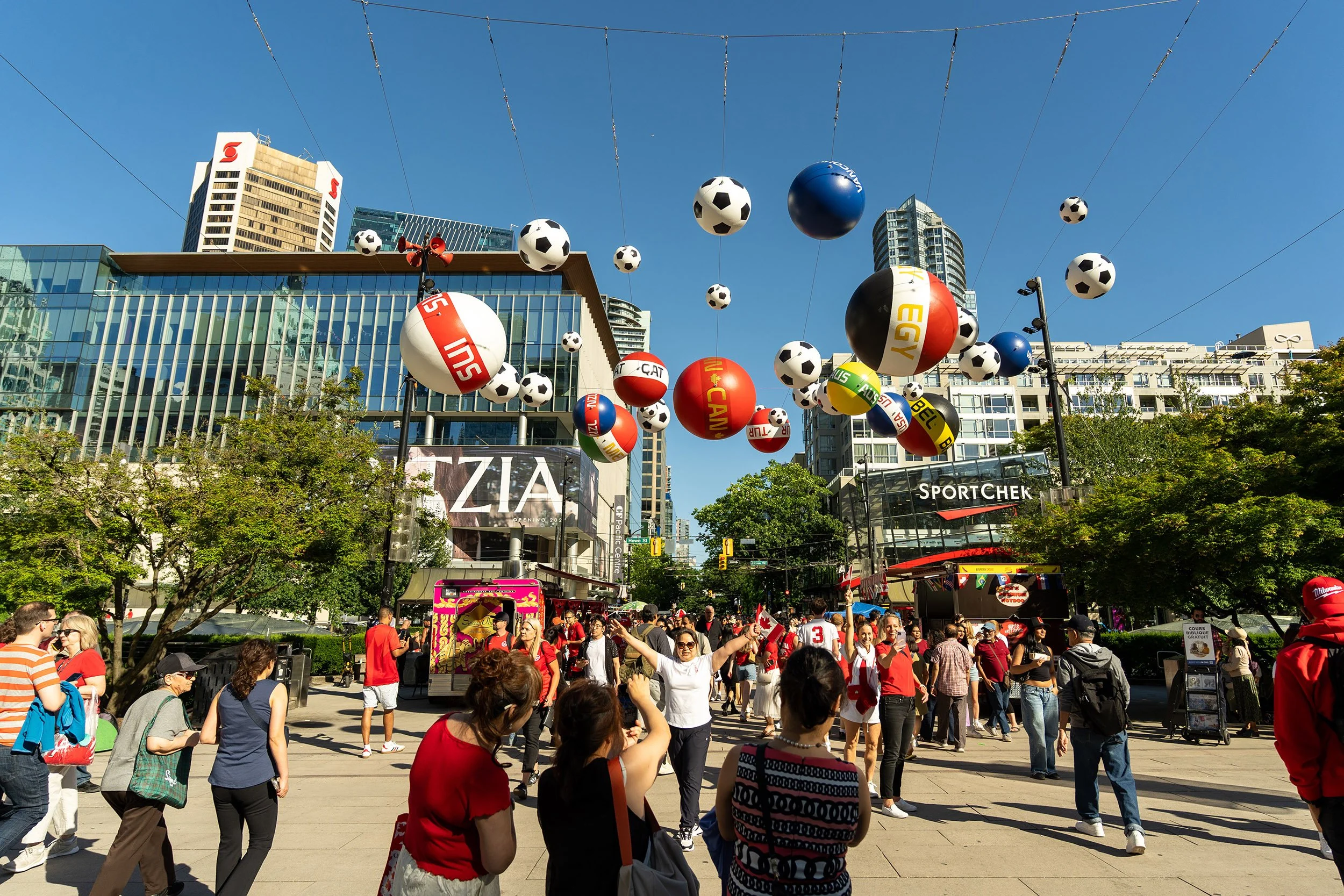 Celebrations at Robson Square in Vancouver during the 2026 FIFA World Cup. Sample image from a Sony FE 20-70mm f/4 G and Sony A7 V.
