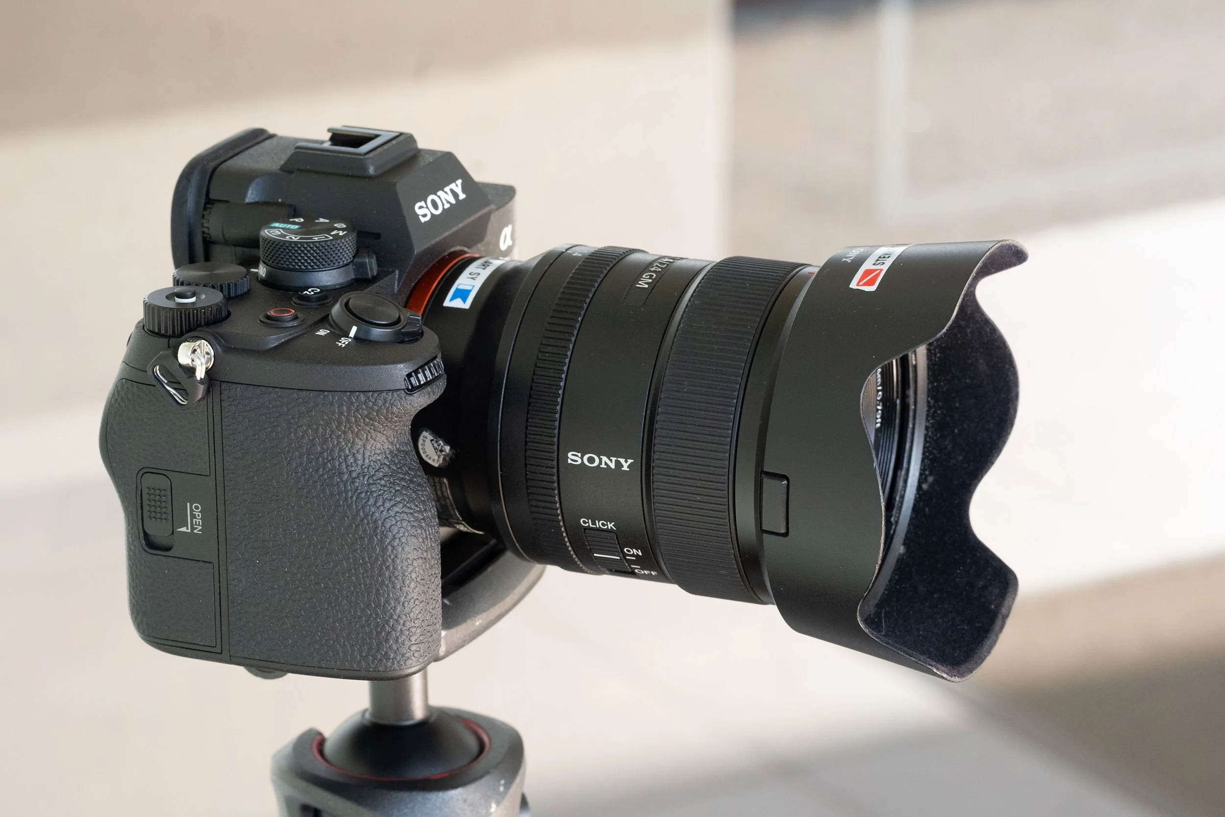 The Sony A7 V and FE 24mm f/1.4 GM with the hood attached.