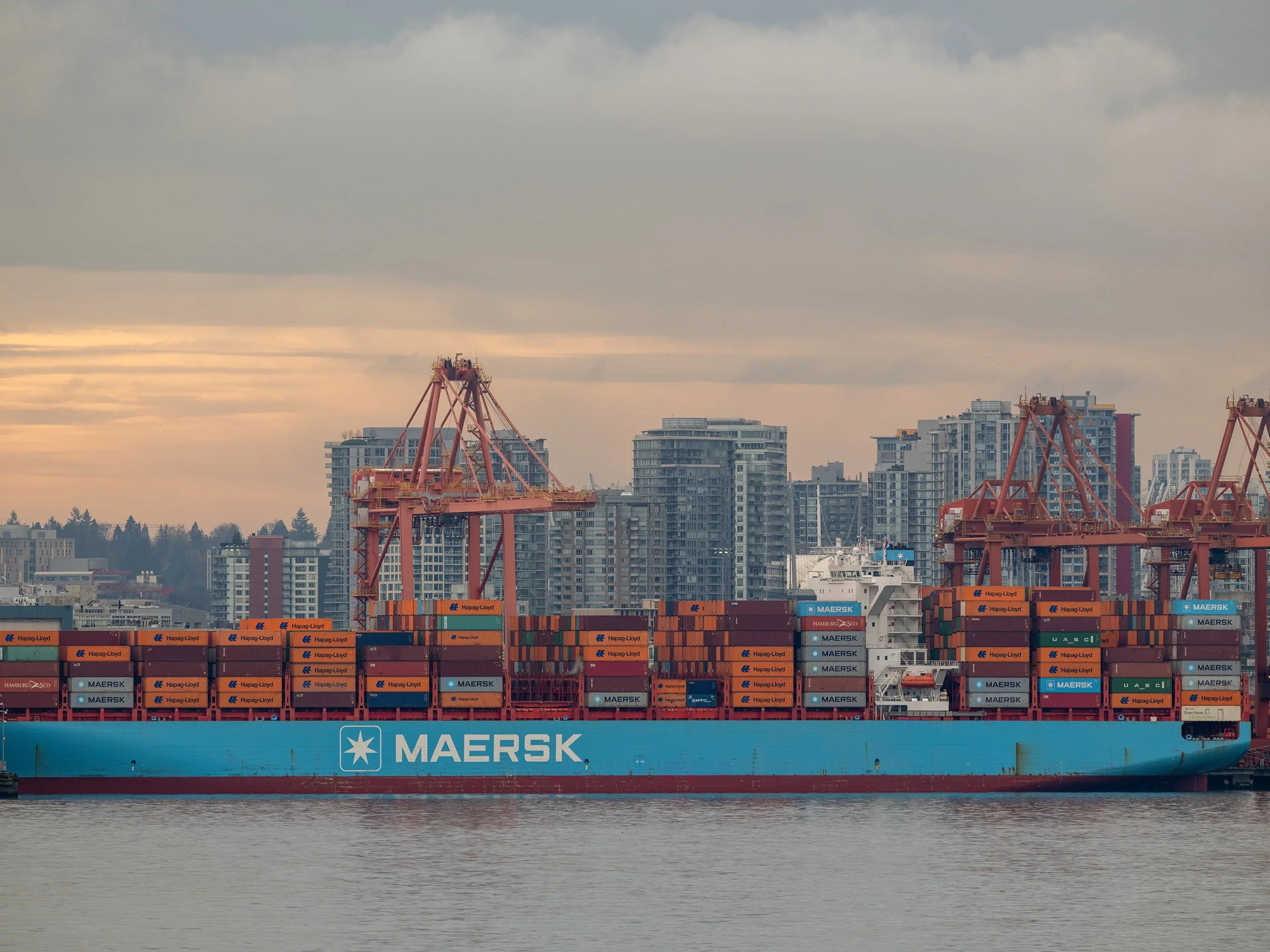 Maersk container ship docked in Vancouver Harbour. Sample image from a Fujifilm GFX 100S II and Fujifilm GF 500mm f/5.6 R LM OIS WR.