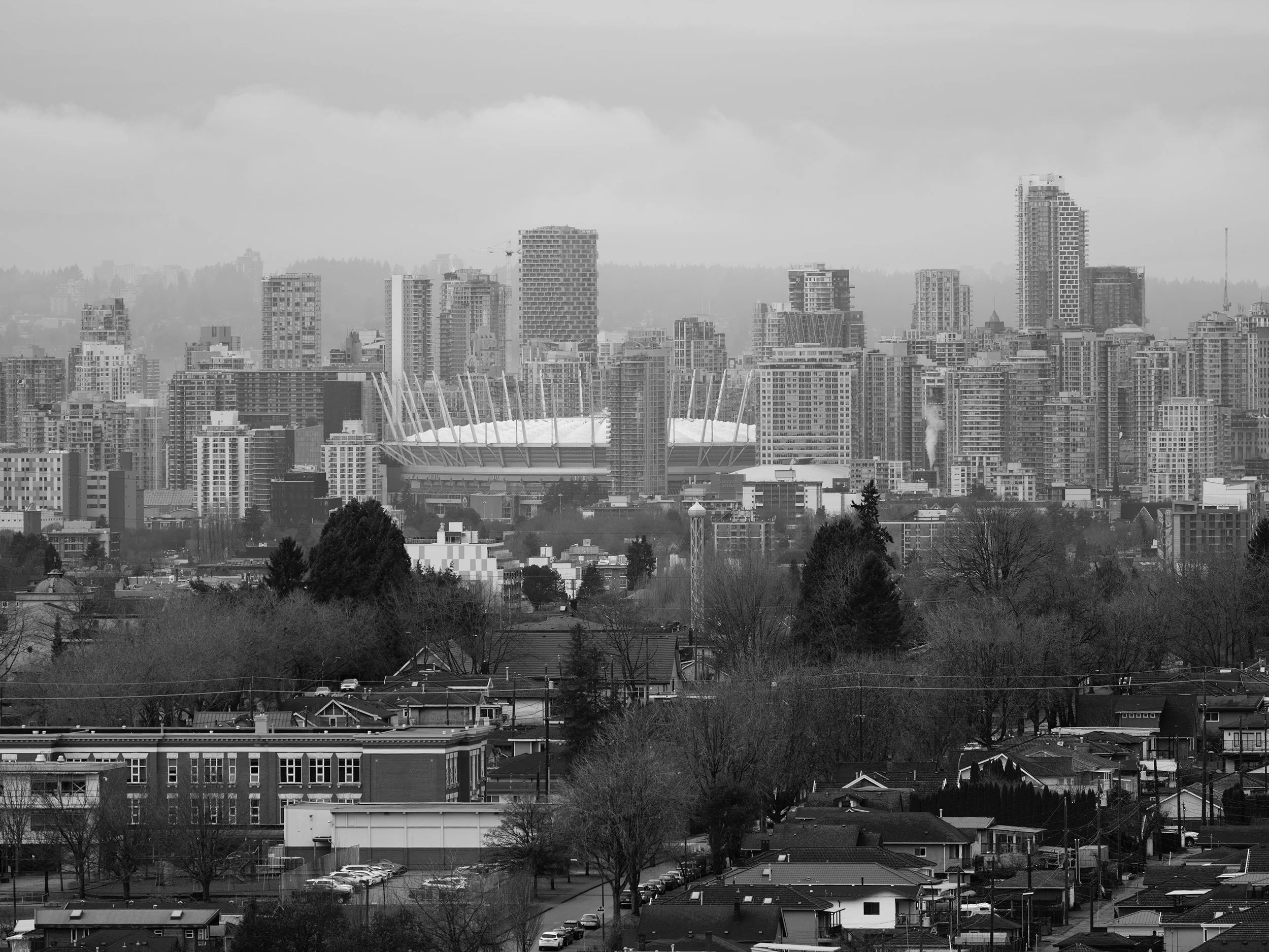 View of BC Place and downtown Vancouver. Sample image from a Fujifilm GF 500mm f/5.6 R LM OIS WR and Fujifilm GFX 100S II.