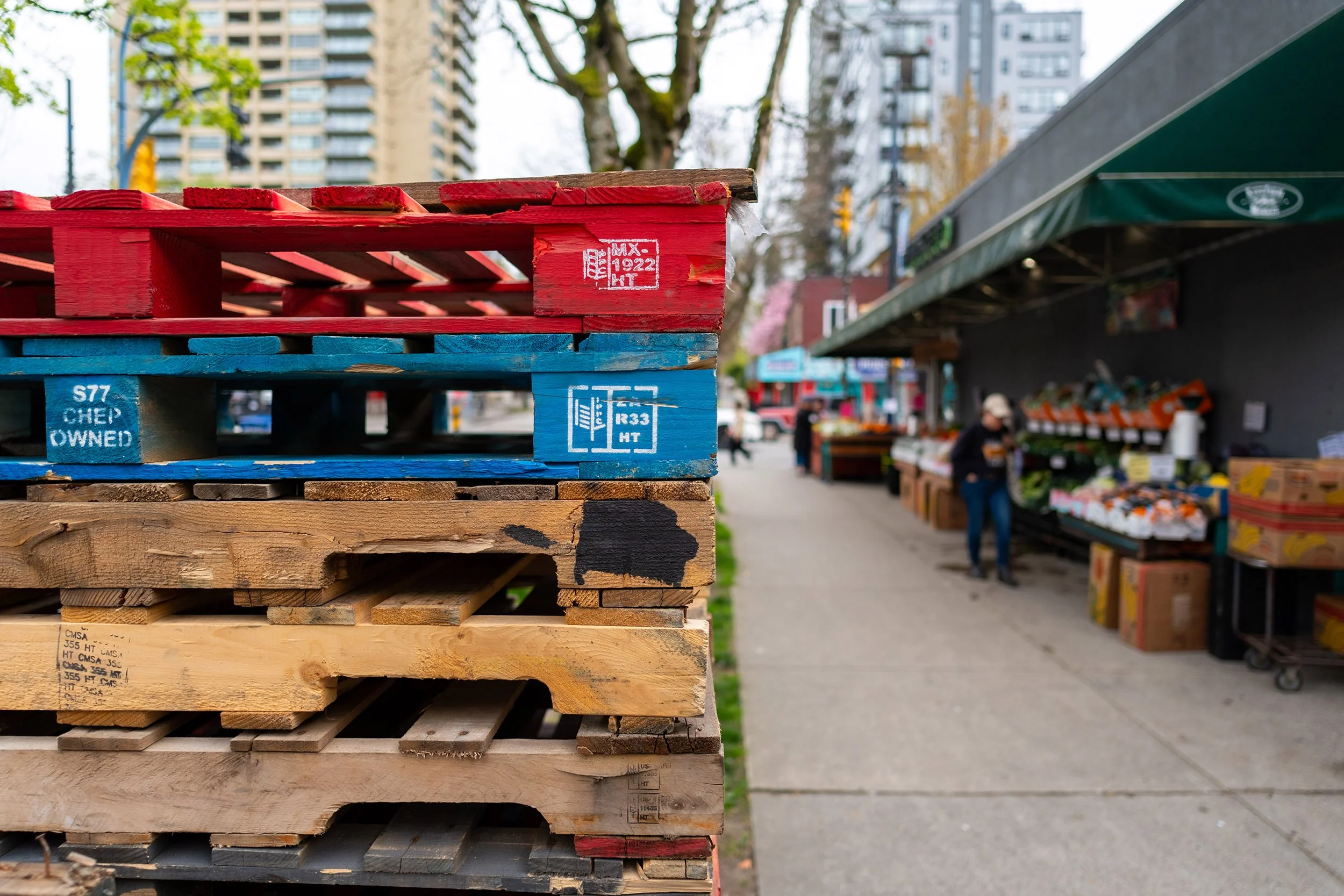 Pallets by Kin's Market, West End, Vancouver. Sample image from a Sigma 15mm f/1.4 DC Contemporary and Fujifilm X-E5.