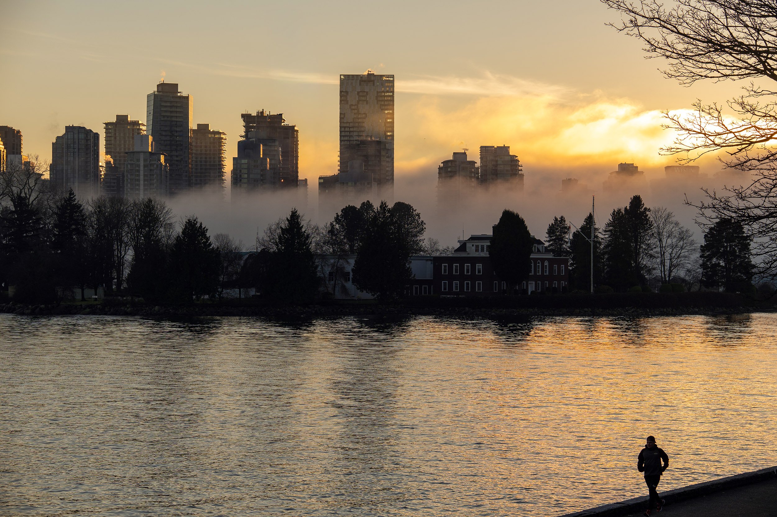 A man runs along the Stanley Park Seawall on foggy January day in Vancouver. Sample image from a Viltrox 56mm f/1.2 Z (Nikon Z-Mount) and Nikon Z8.