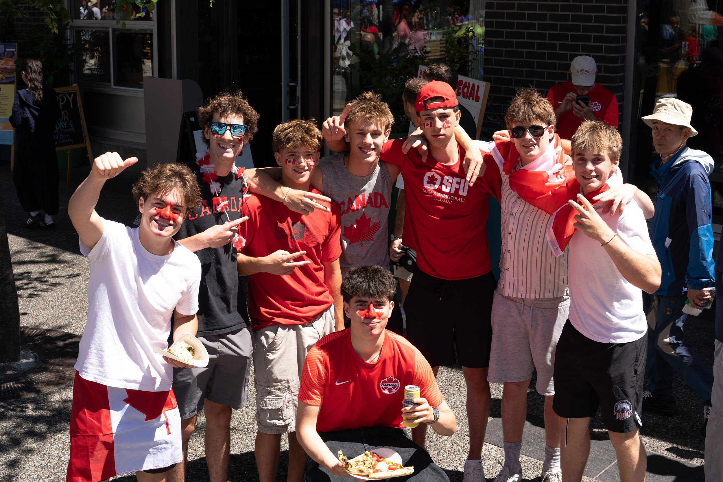 SFU students, Canada soccer fans, World Cup, Granville Street. Sample image from a Sony FE 50-150mm f/2 GM and Sony A7 V.
