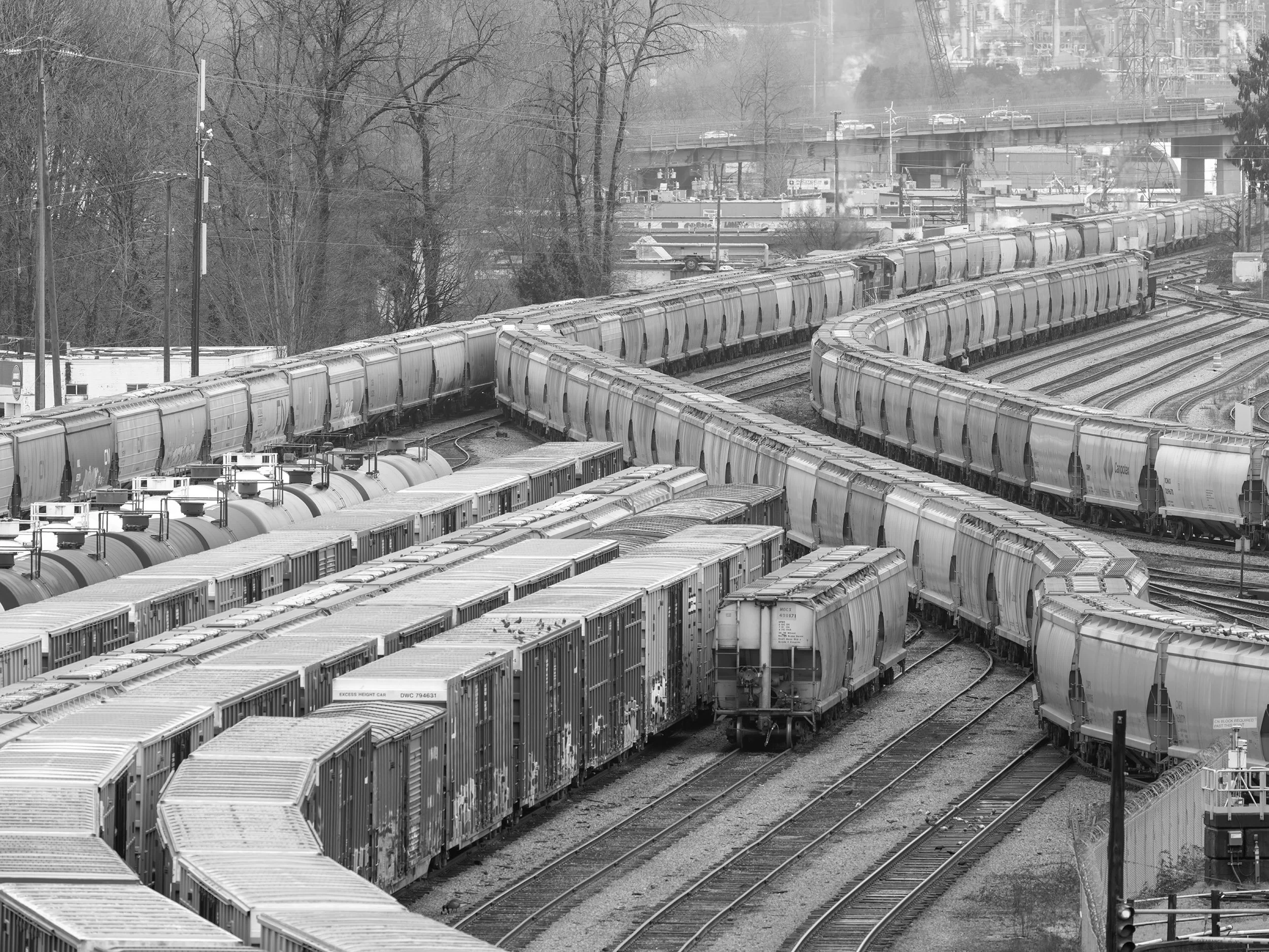 Train tracks near the harbour in North Vancouver, Canada. Sample image from a Fujifilm GFX 100S II and Fujifilm GF 500mm f/5.6 R LM OIS WR.