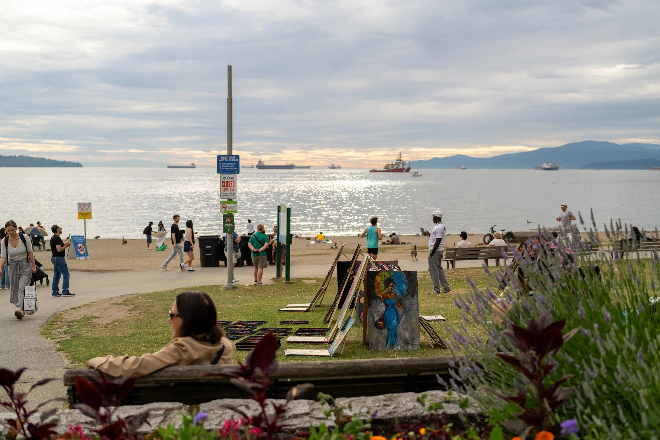 Art on display at English Bay Beach. Sample image from a Sony FE 40mm f/2.5 G and Sony A7 V.