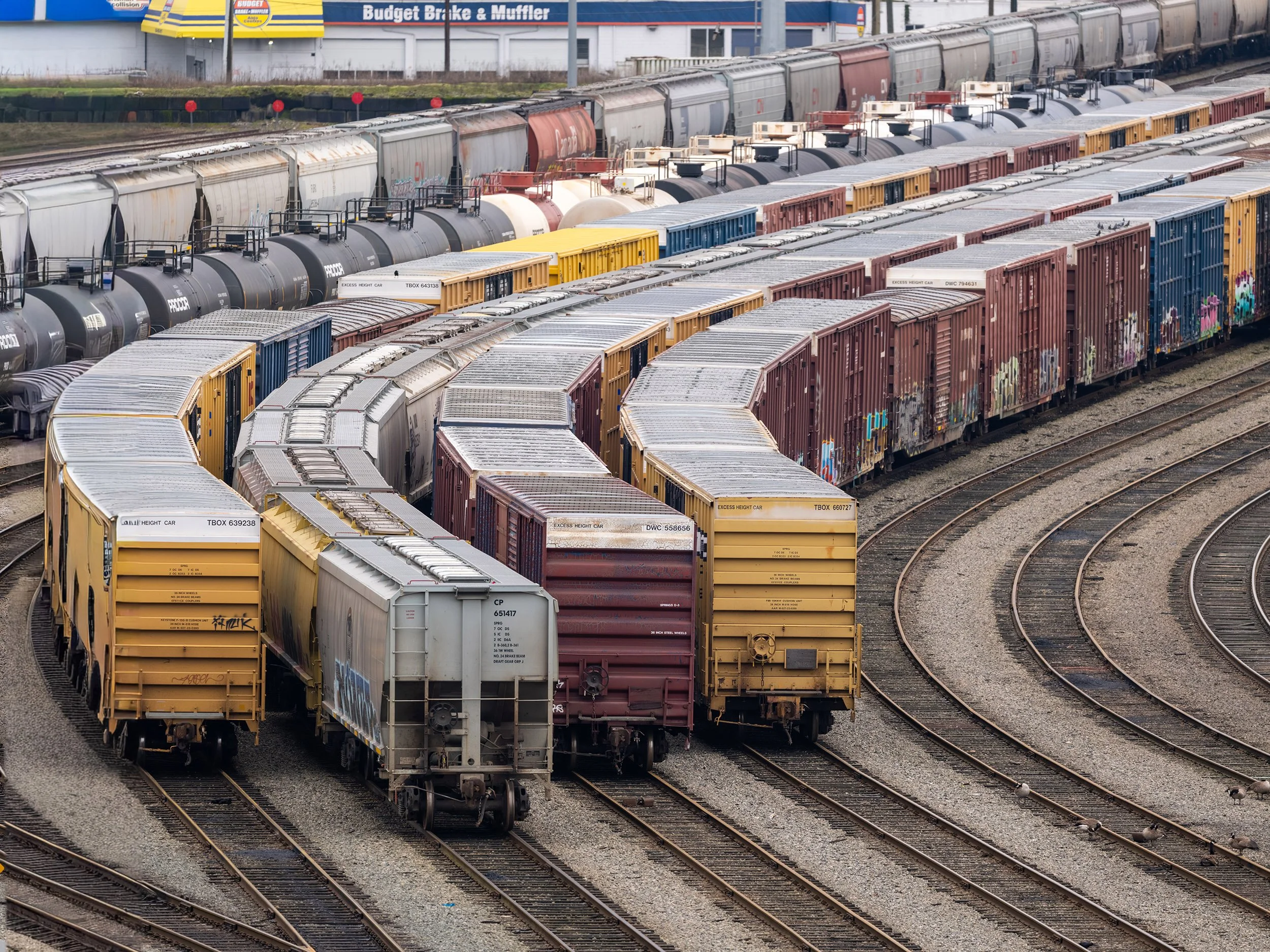 Cargo train cars in North Vancouver. Sample image from a Fujifilm GFX 100S II and Fujifilm GF 500mm f/5.6 R LM OIS WR.