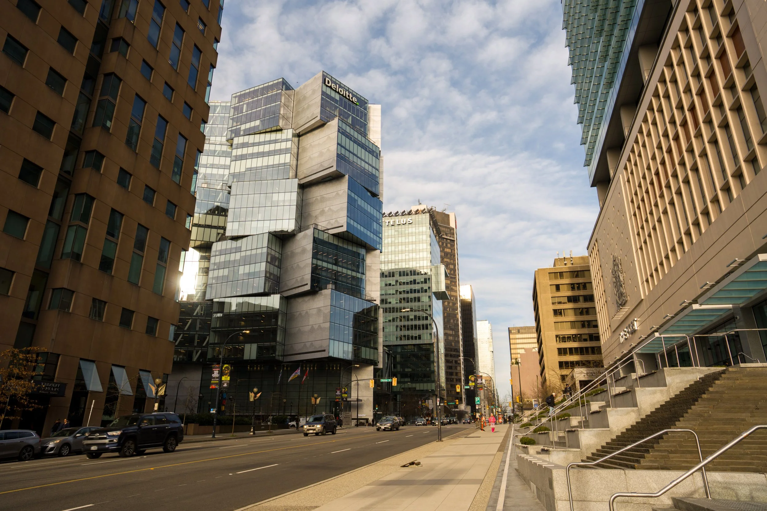The Deloitte Building in downtown Vancouver on West Georgia Street. Sample image from a Sony FE 24mm f/1.4 GM and Sony A7 V.