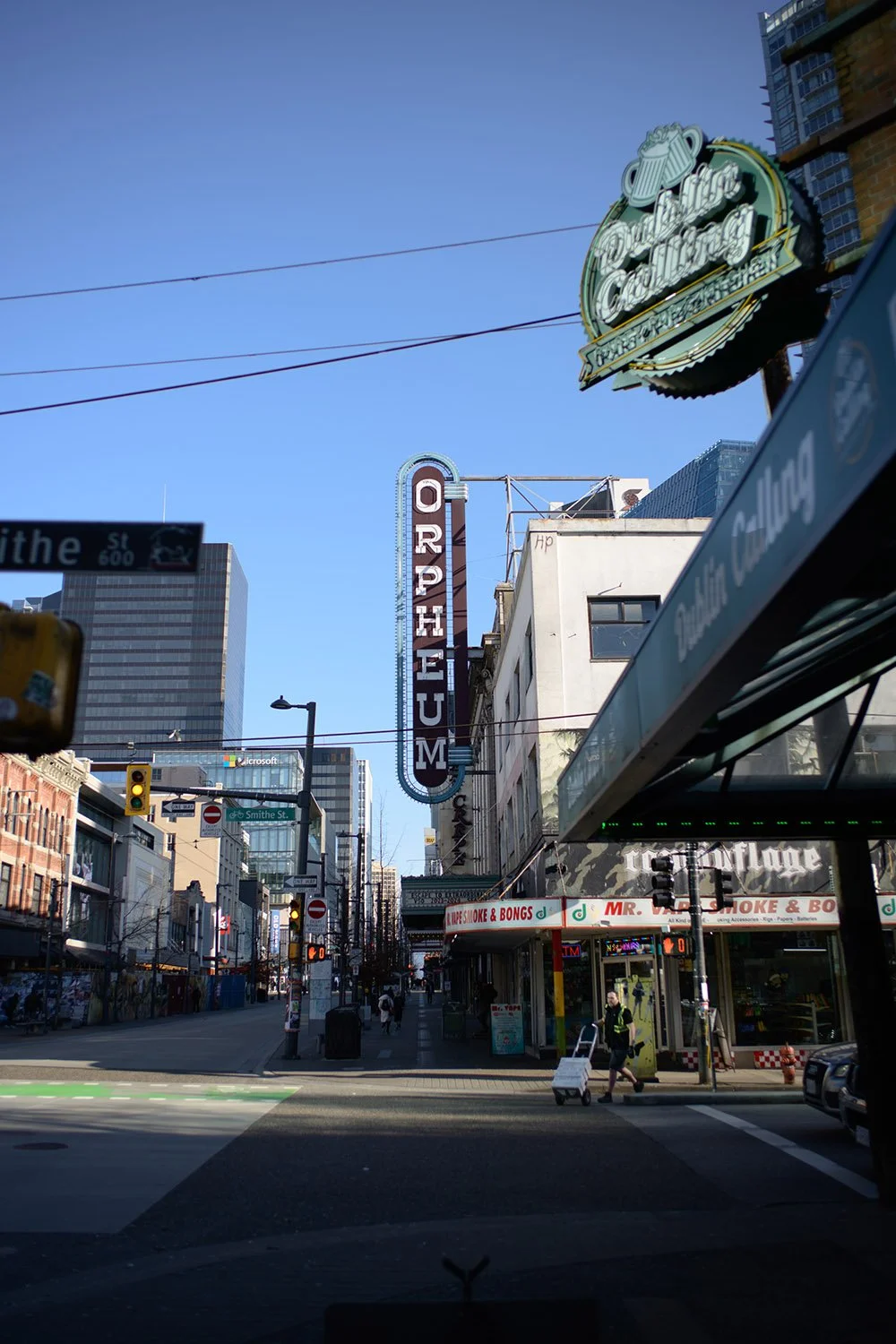 Dublin Calling pub and Orpheum on Granville Street in Vancouver. Sample image from a Voigtlander Nokton Vintage Line 28mm f/1.5 Aspherical and Nikon Zf.