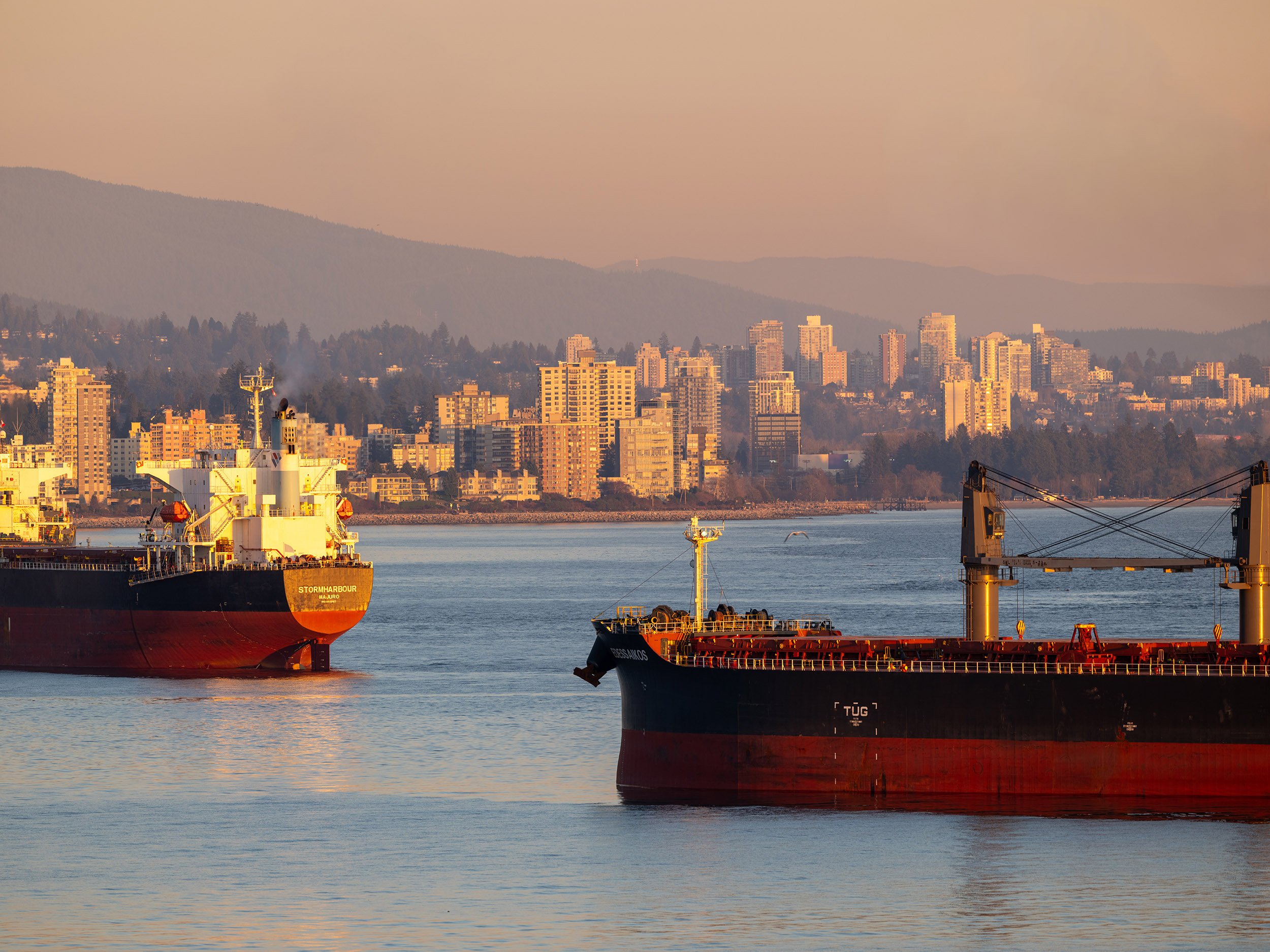 Cargo skip in Burrard Inlet, North Vancouver. Sample image from a Fujifilm GFX 100S II and Fujifilm GF 500mm f/5.6 R LM OIS WR.