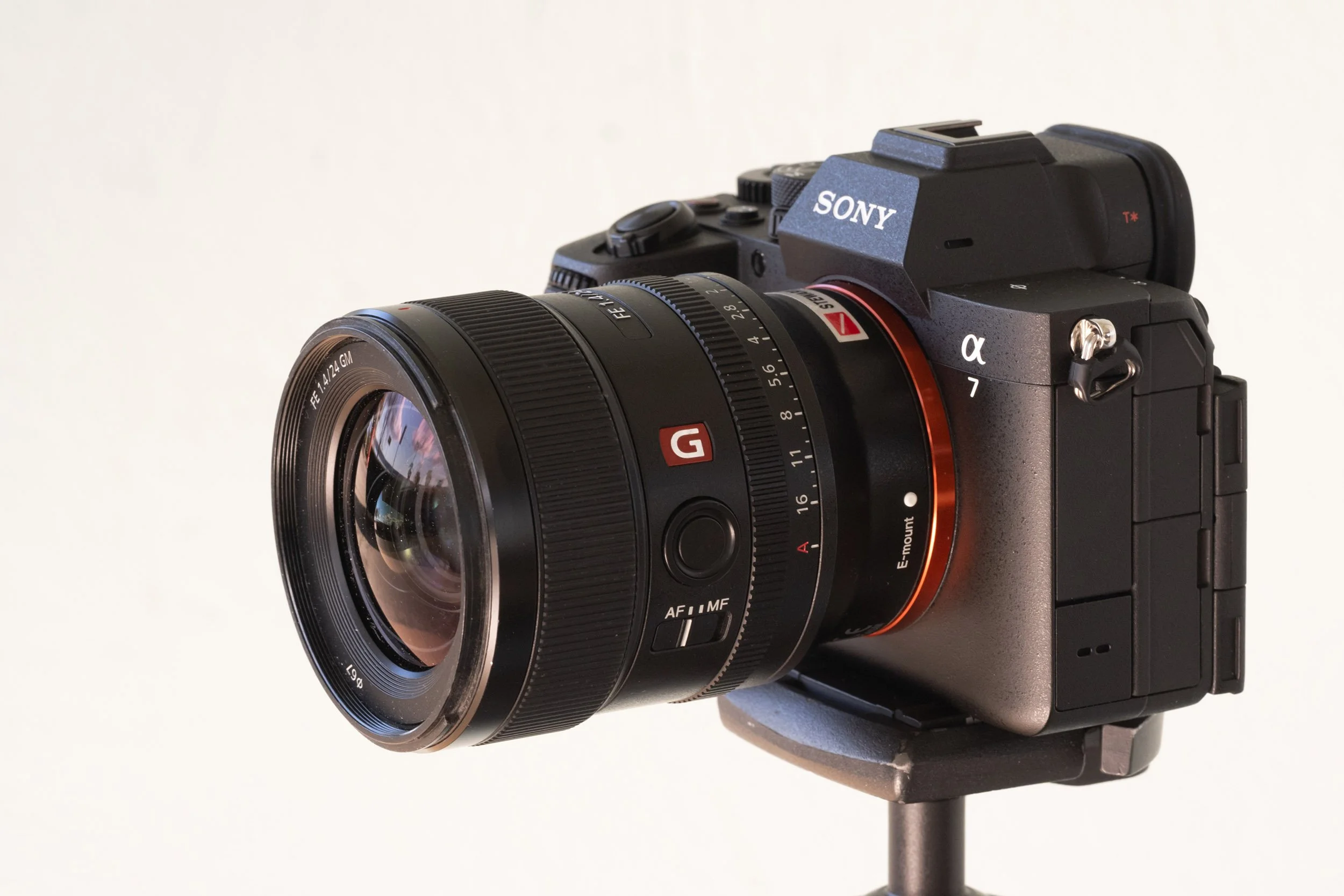 The Sony FE 24mm f/1.4 GM without the hood mounted on a Sony A7 V.