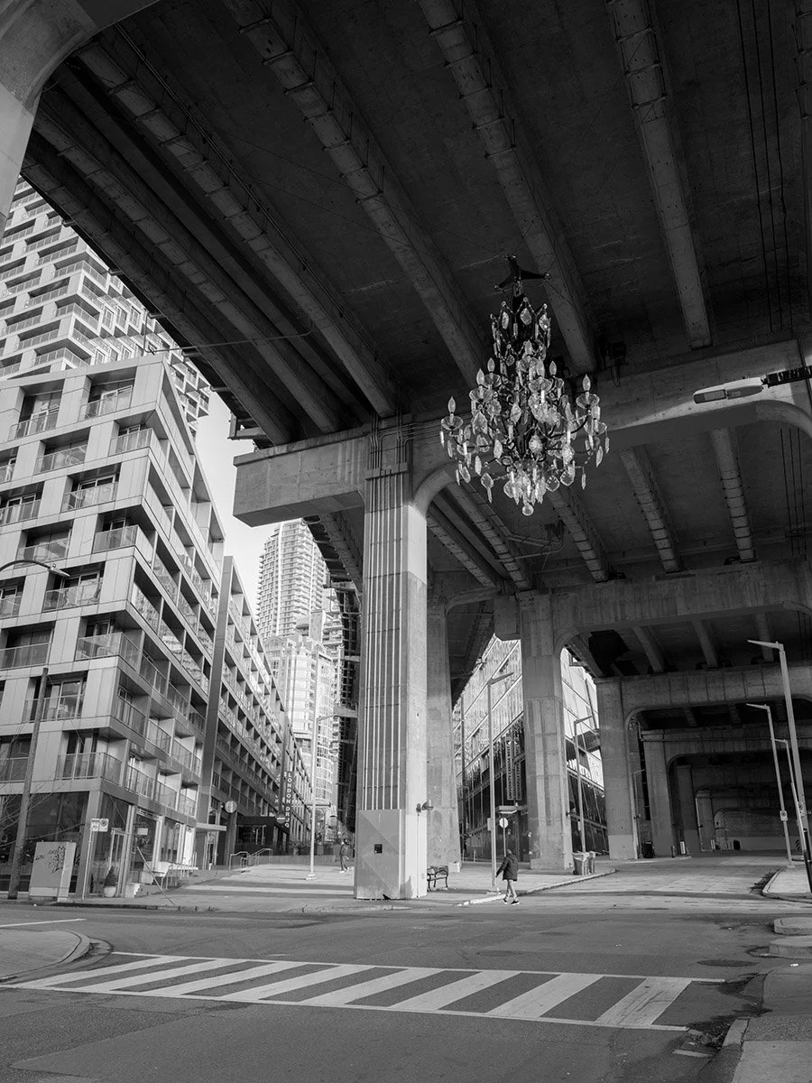 Street photography under the Granville Bridge by Vancouver House. Sample image from a Fujifilm GFX100RF