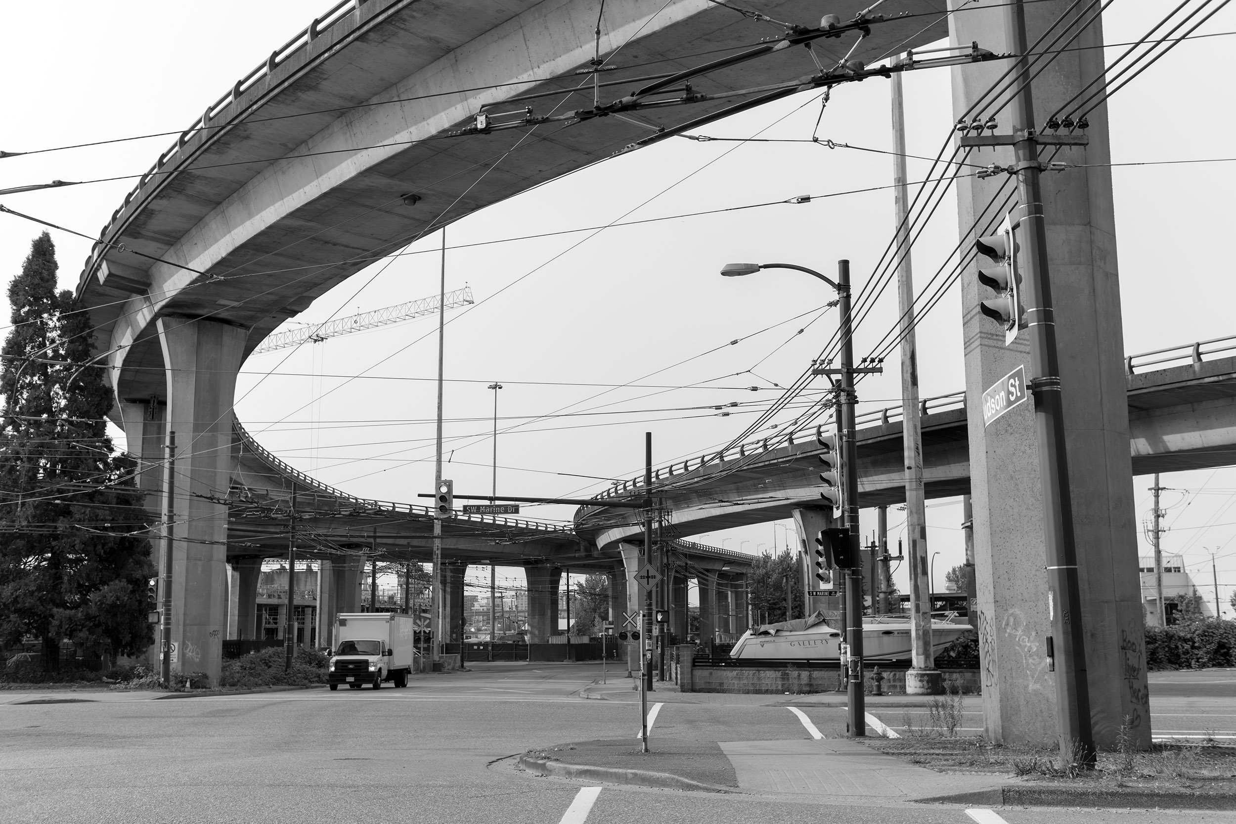 Arthur Laing Bridge of and on ramps at SW Marine Drive in Vancouver. Sample image from a Voigtländer Nokton Classic 35mm f/1.4 II MC and Leica SL2-S.
