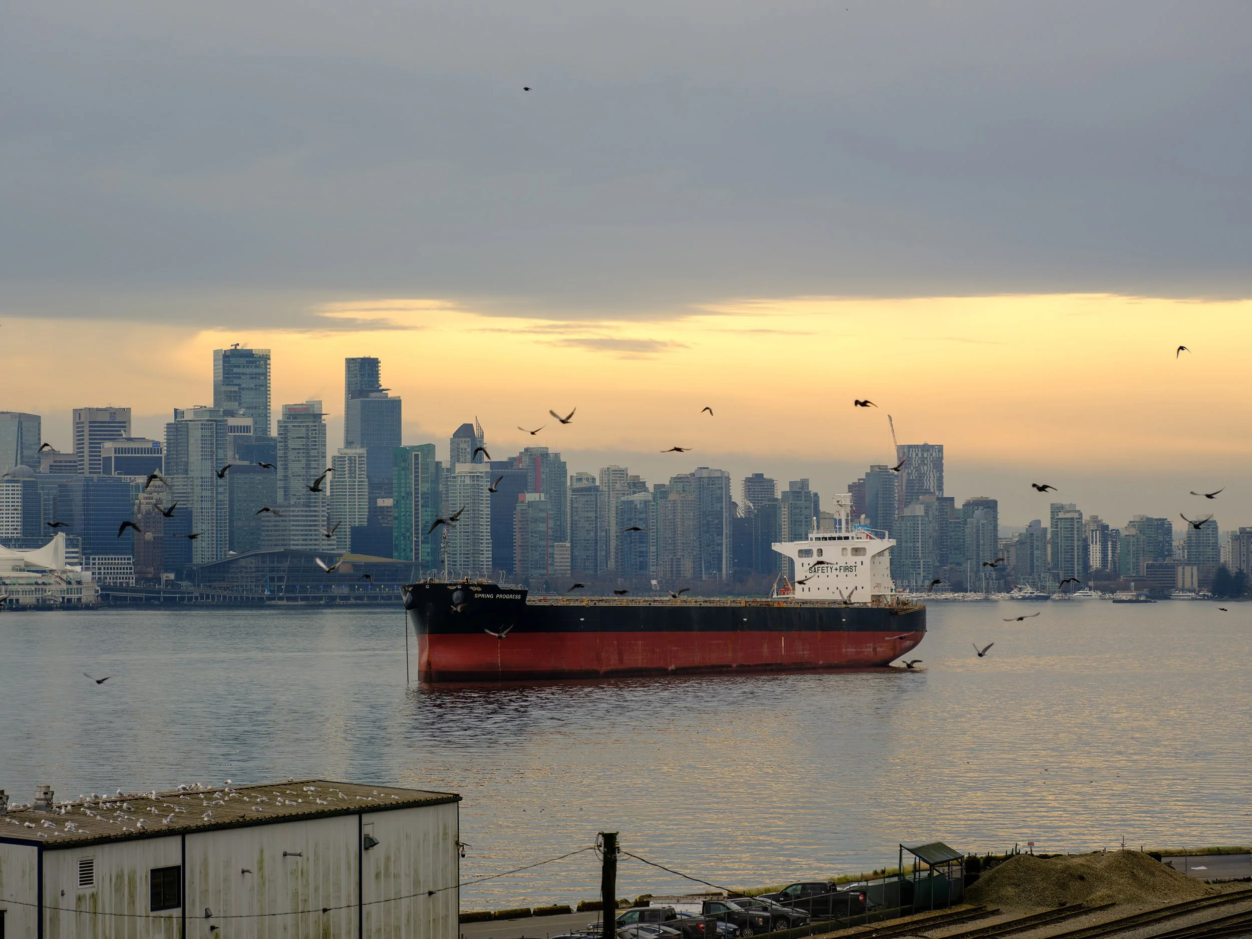 A cargo ship is anchored in the Burrard Inlet, Vancouver. Sample image from a Fujifilm GFX 100S II and Fujifilm GF 100-200mm f/5.6 R LM OIS WR.