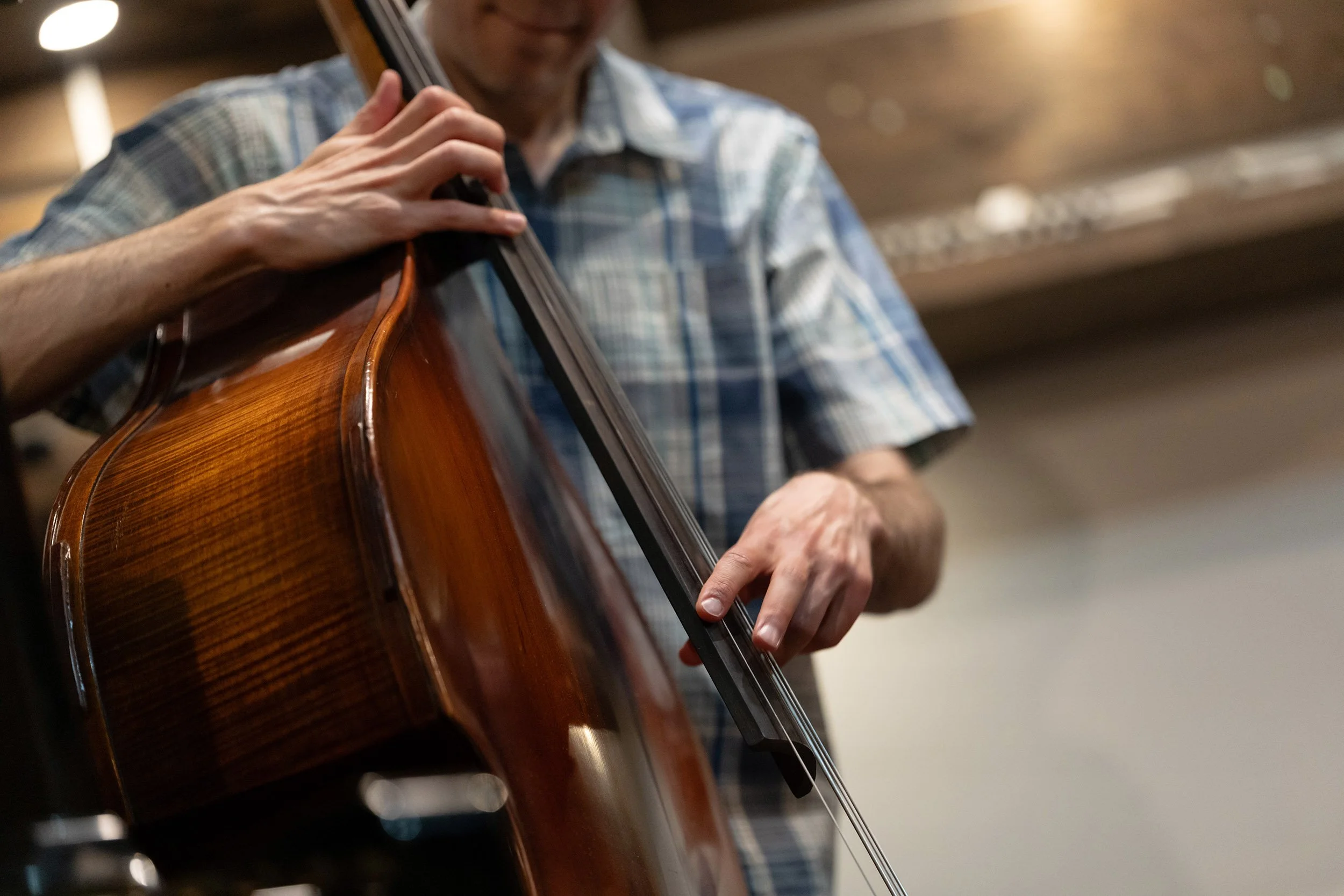 Bass player, Clint Thomson, Jacz Trio. Sample image from a Sony FE 50-150mm f/2 GM and Sony A7 V.