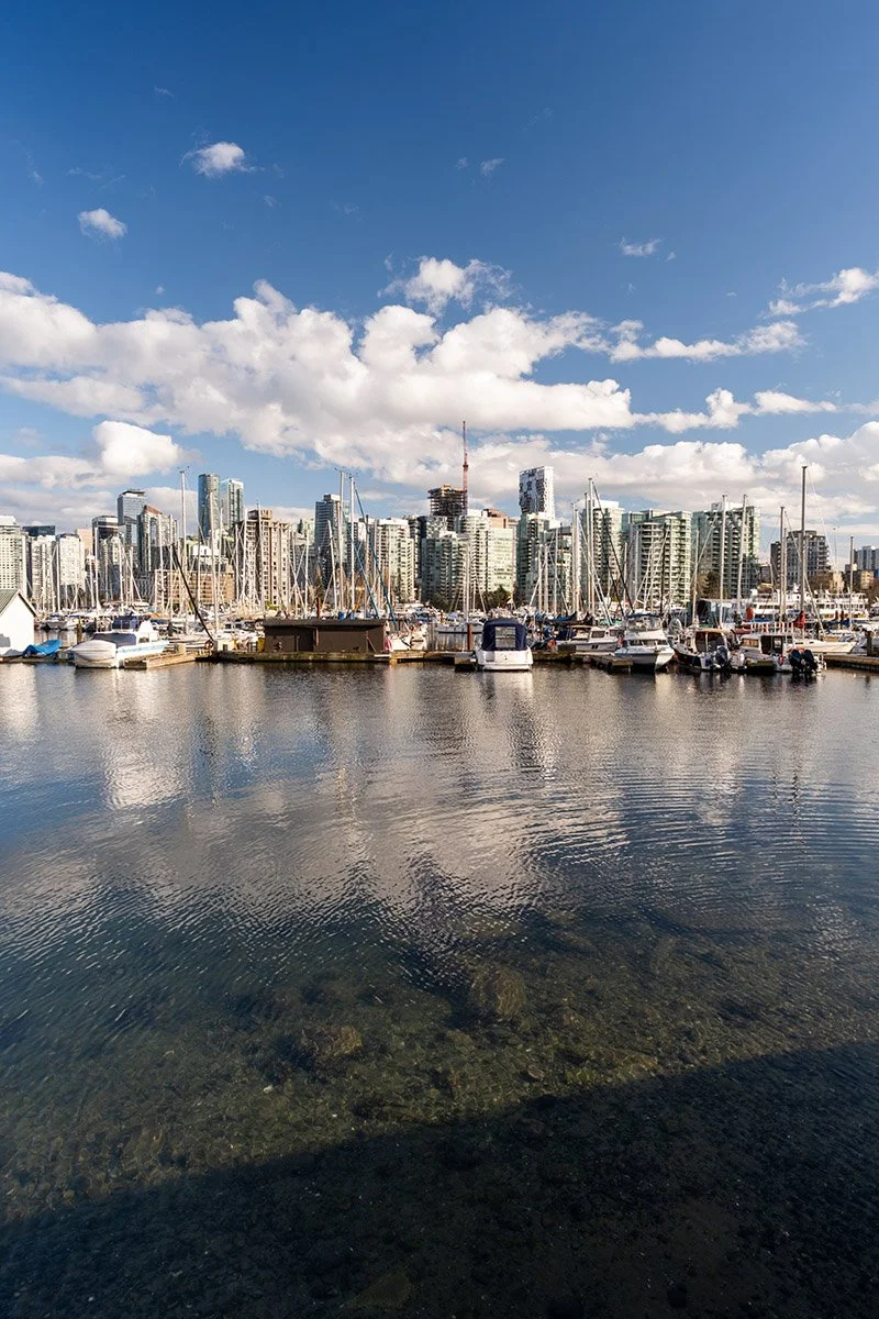 Coal Harbour on a sunny day in April. Sample image from a Sigma 15mm f/1.4 DC Contemporary and Fujifilm X-E5.