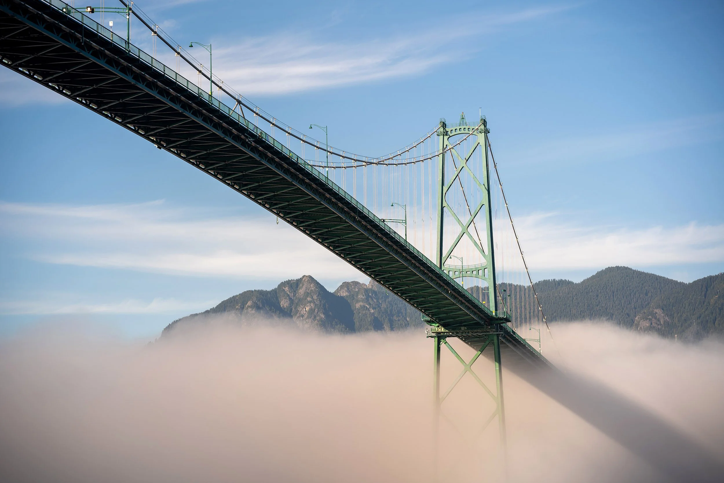 Fog at Lions Gate Bridge in Vancouver. Sample image from a Voigtländer APO-Ultron 90mm f/2 VM.