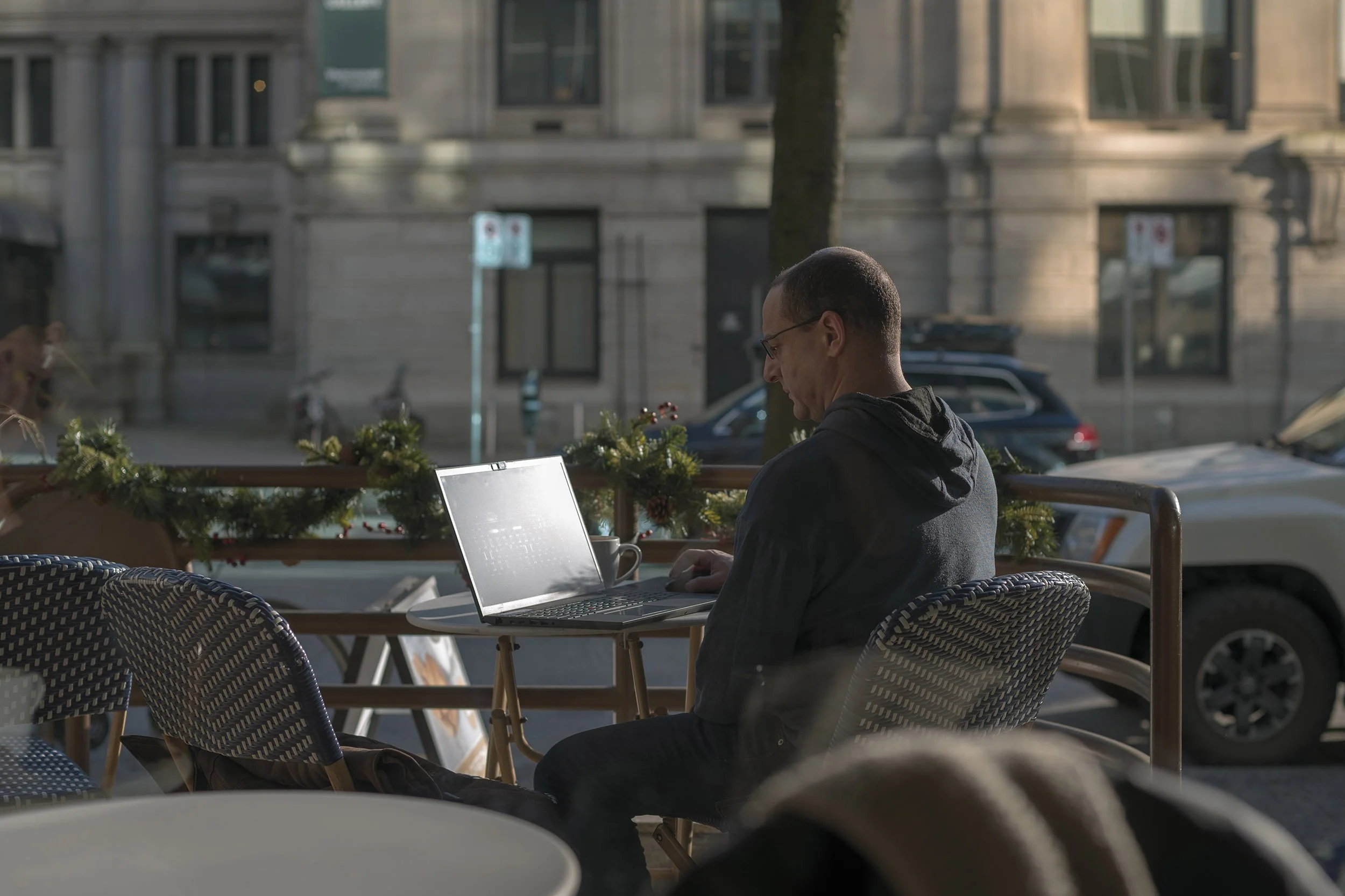 Office in the sun, December, downtown Vancouver