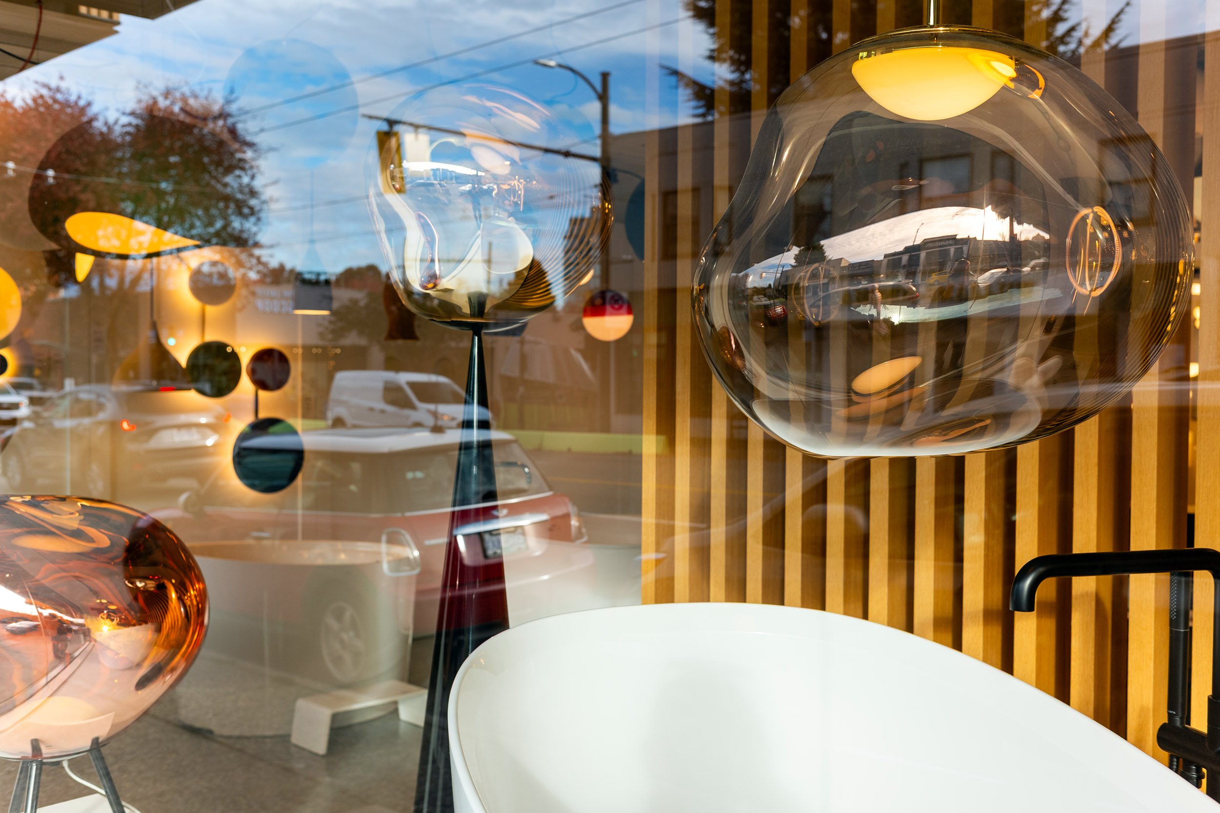 Desinger lamps in a window display on Granville Street in Vancouver. October 2026.