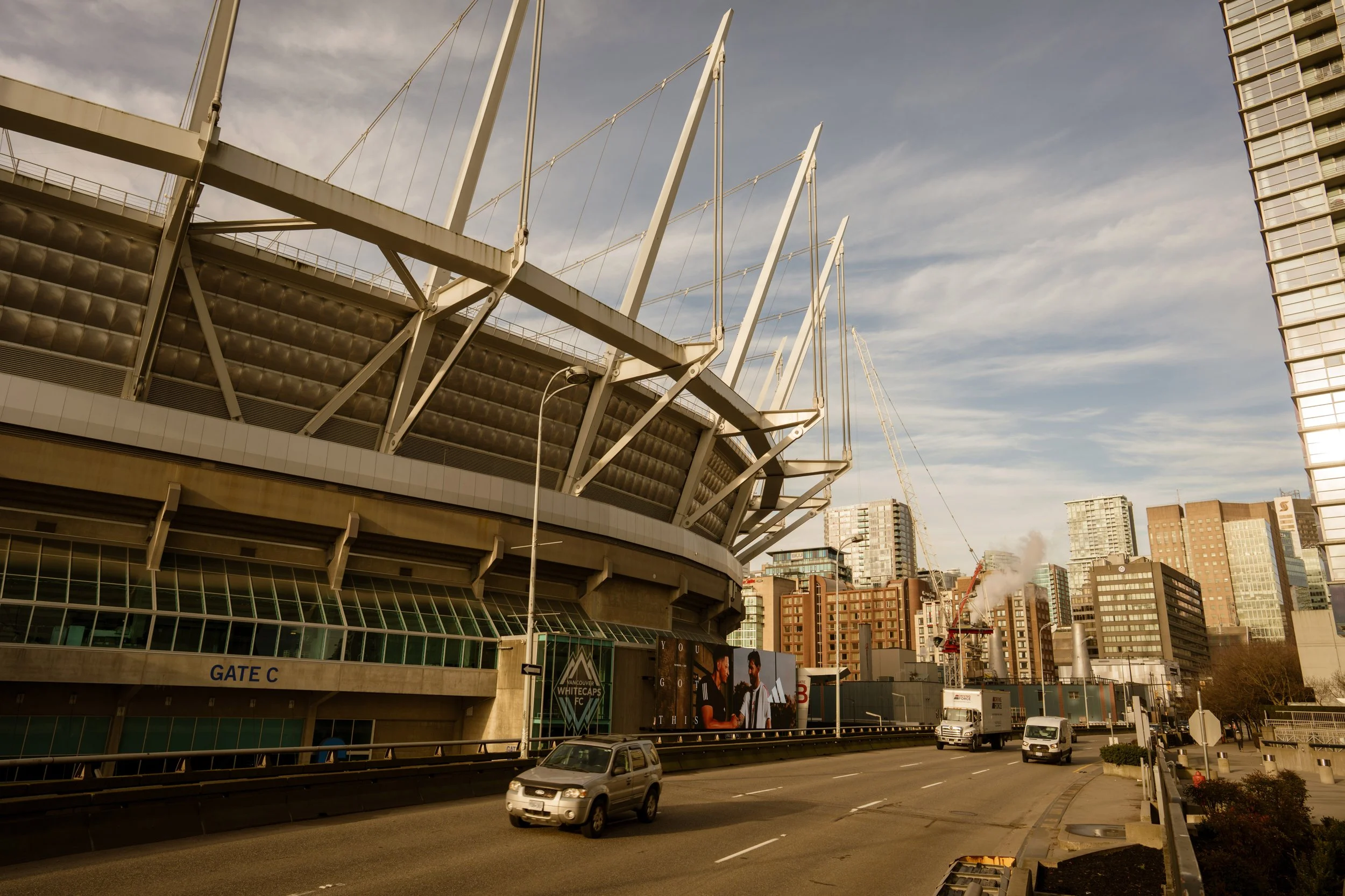 BC Place and West Georgia Street, downtown Vancouver. Sample image from a Sony FE 24mm f/1.4 GM and Sony A7 V.