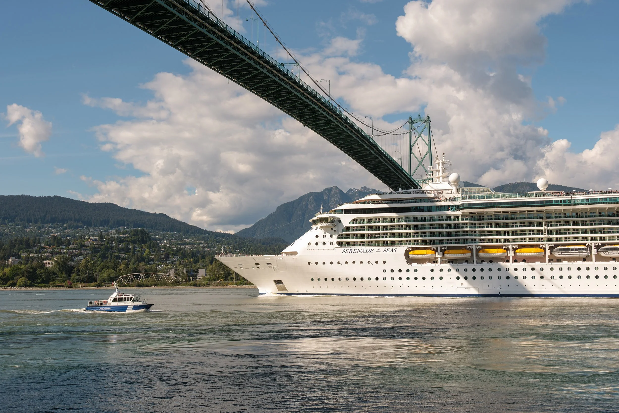 Cruise ship, Serenade of the Seas depart from Vancouver via the Lions Gate Bridge. Sample image from a Fujifilm X-T50 and XF 16-50mm f/2.8 R LM WR.