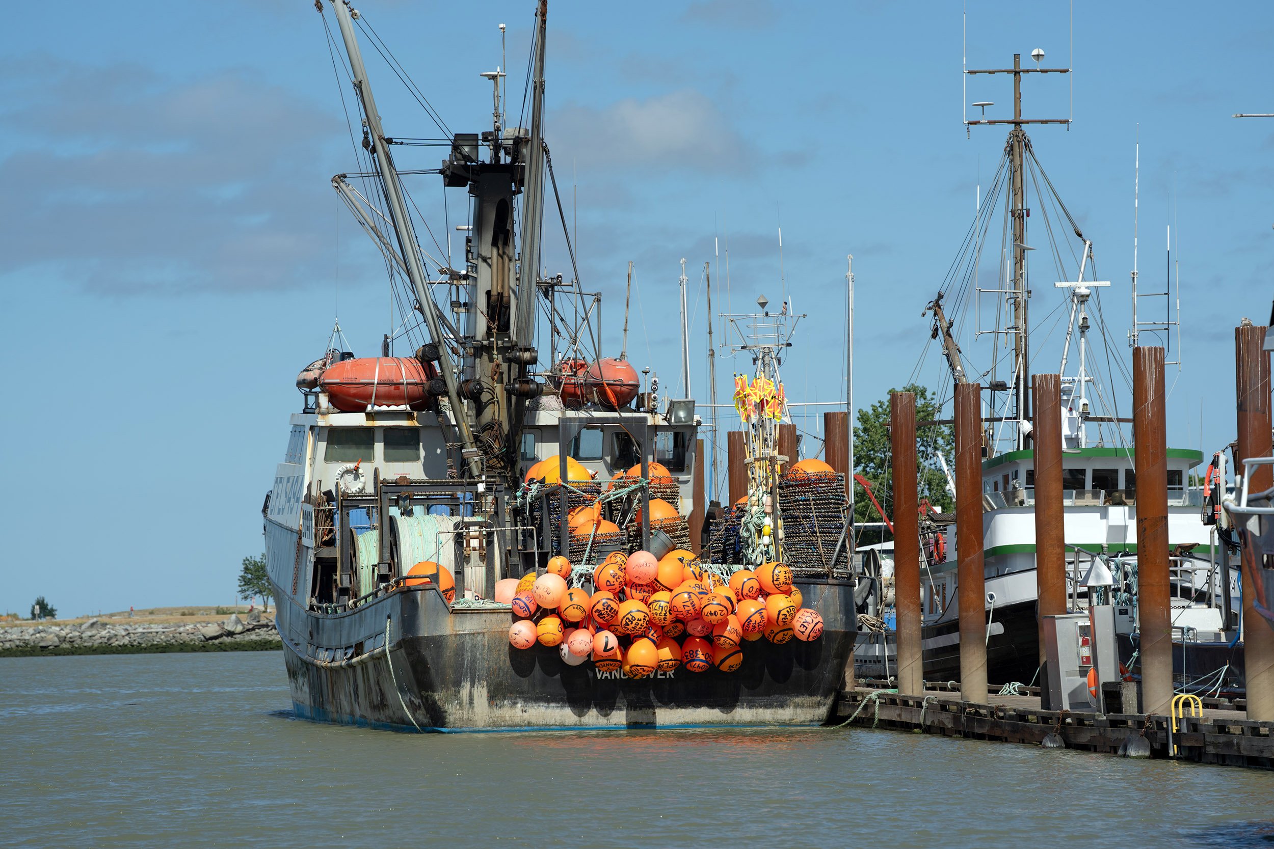 A fishing boat in Steveston, BC, Canada. Sample image from a Sony FE 50-150mm f/2 GM and Sony A7 V.